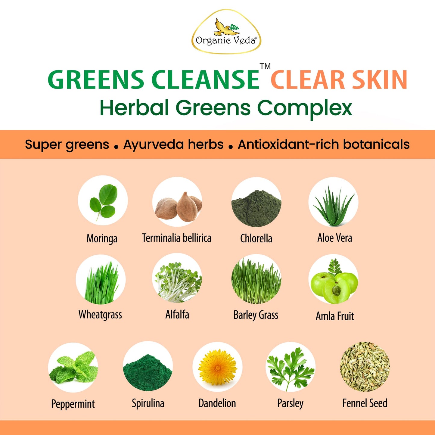 Organic Veda Chlorophyll Turmeric Neem Clear Skin Supplement - Greens Cleanse for Face Acne, Zinc with Copper Women Beauty Supplement - Chlorophyll Pills for Gut & Liver Cleansing, 60 Capsules