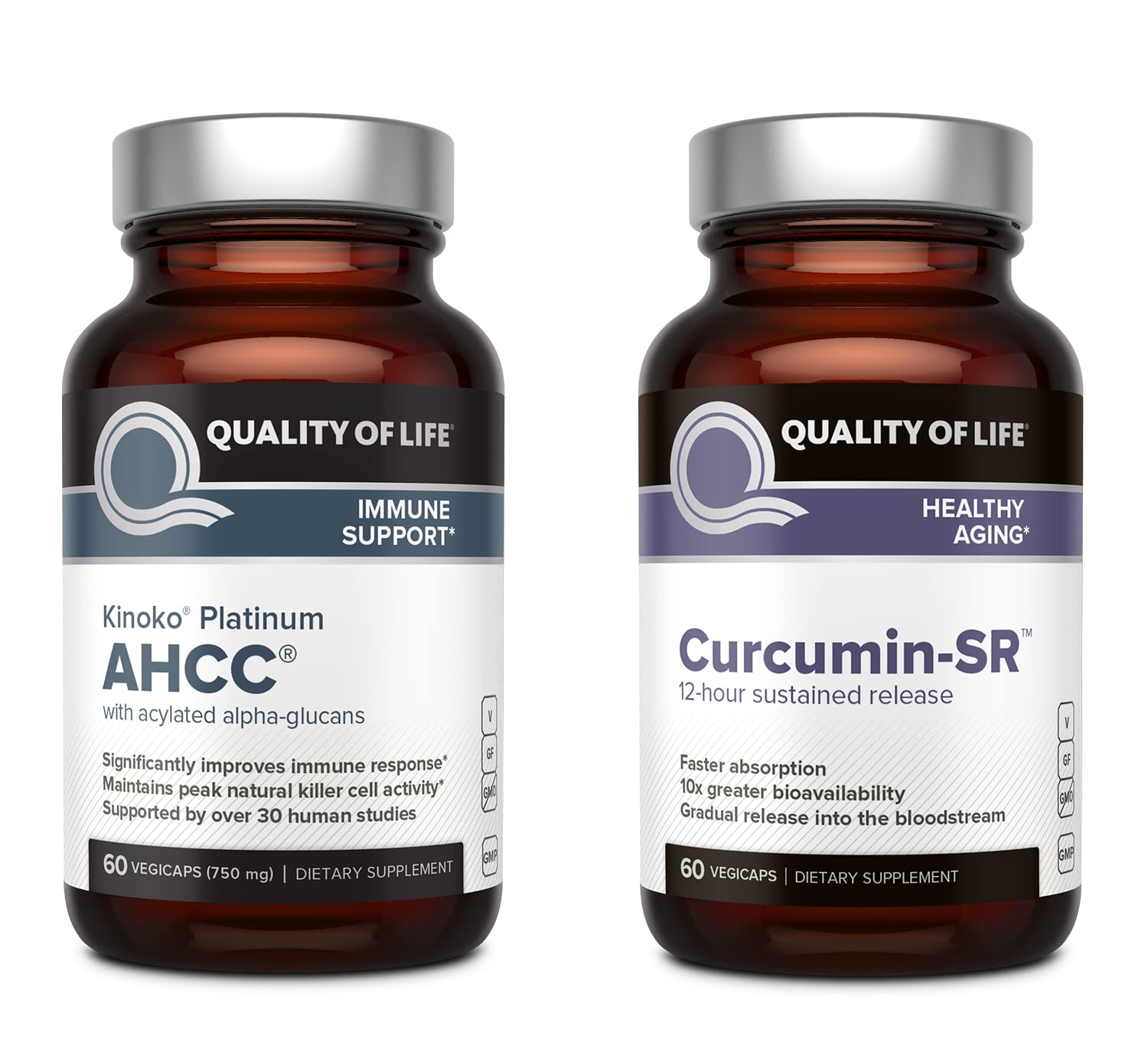 Quality of Life Kinoko Platinum AHCC Mushroom Extract and Microactive Curcumin SR Immune Bundle 2 Capsules