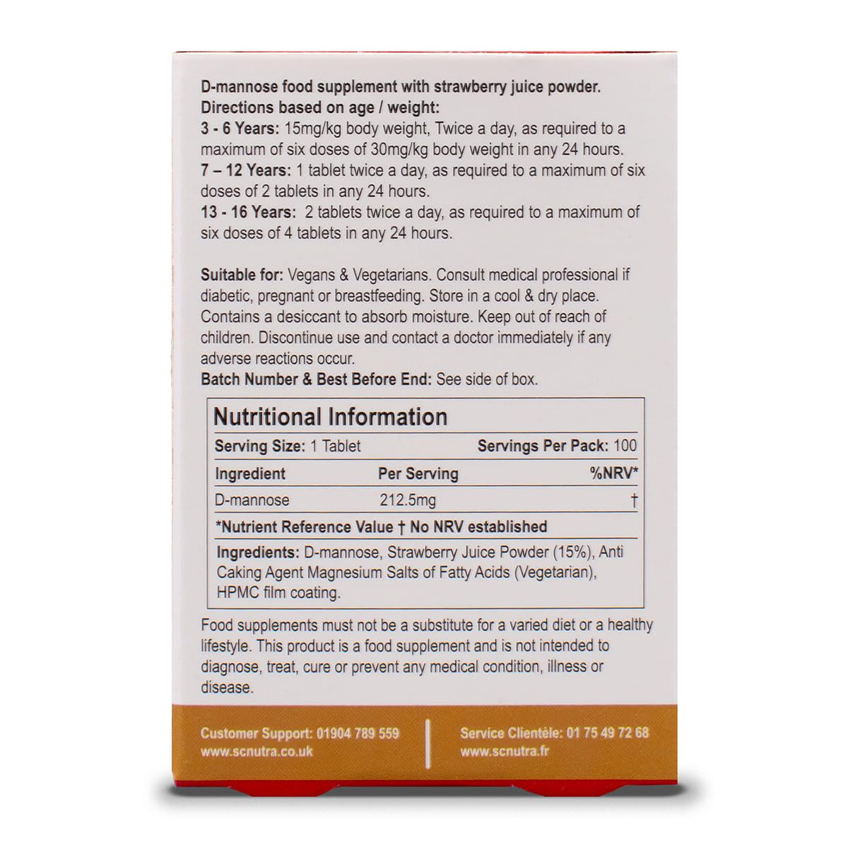 sc nutra Waterfall D-Mannose Children Melt-in-the-Mouth Tablets with a hint of Strawberry, 100 Count