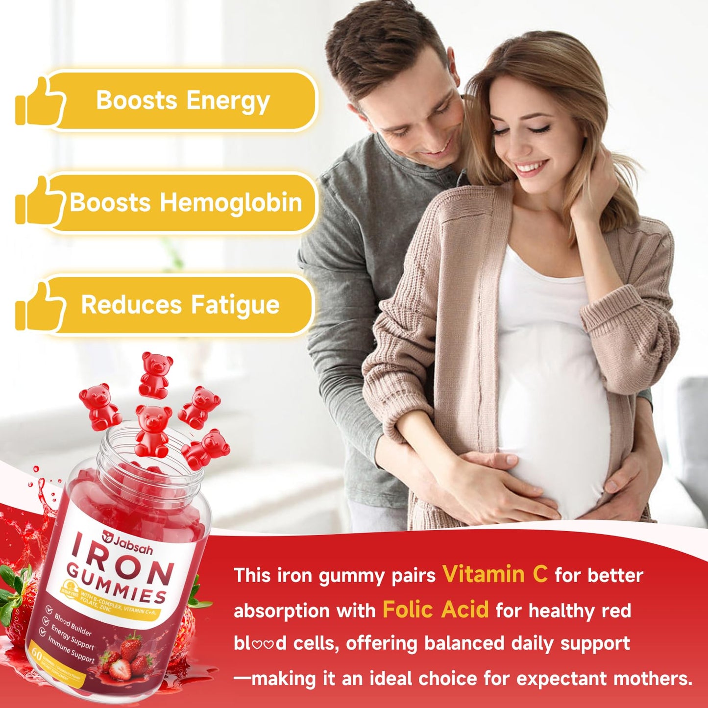 Jabsah Vegan Iron Gummies for Women & Men, Iron Supplement with B-Complex, Vitamin C, A, Folate for Adults & Kids - Blood Builder & Energy Support & Immune Health - Strawberry Flavor 60 Gummies