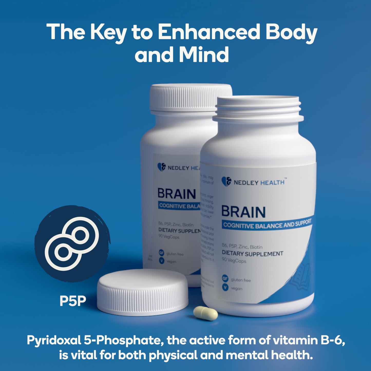 Nedley Health Brain - Balanced Neurotransmitter Support Supplement - Zinc, B6, Biotin for Cognitive Function, 90 Veggie Capsules