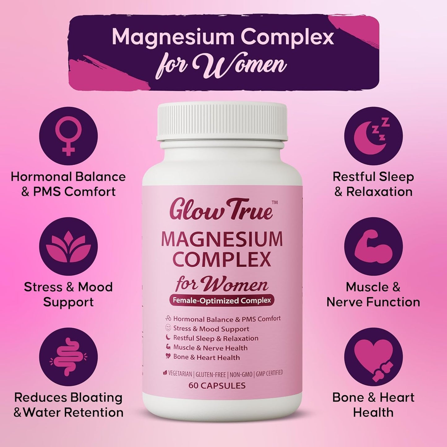 GlowTrue Magnesium Complex for Women – Spectrum 5-Form Magnesium Complex (500 mg), High Absorption Glycinate, Citrate, Oxide & Malate – Vegan, Non-GMO Supports Sleep, Energy, Hormone & Bone, 60 Capsules