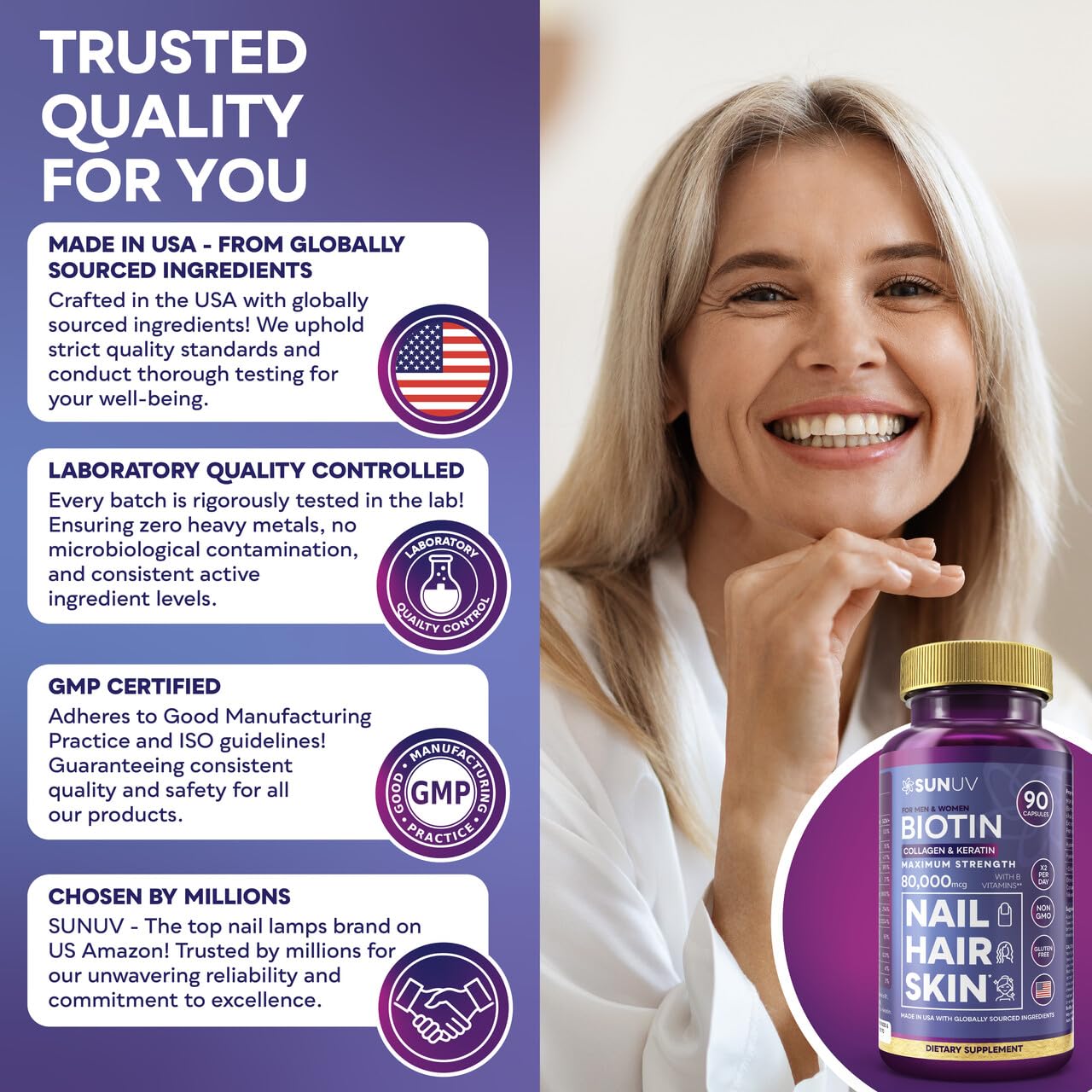SUNUV Biotin 10,000mcg Collagen Keratin Hyaluronic Acid Hair Growth Vitamins for Hair Skin & Nails Support 90 Capsules