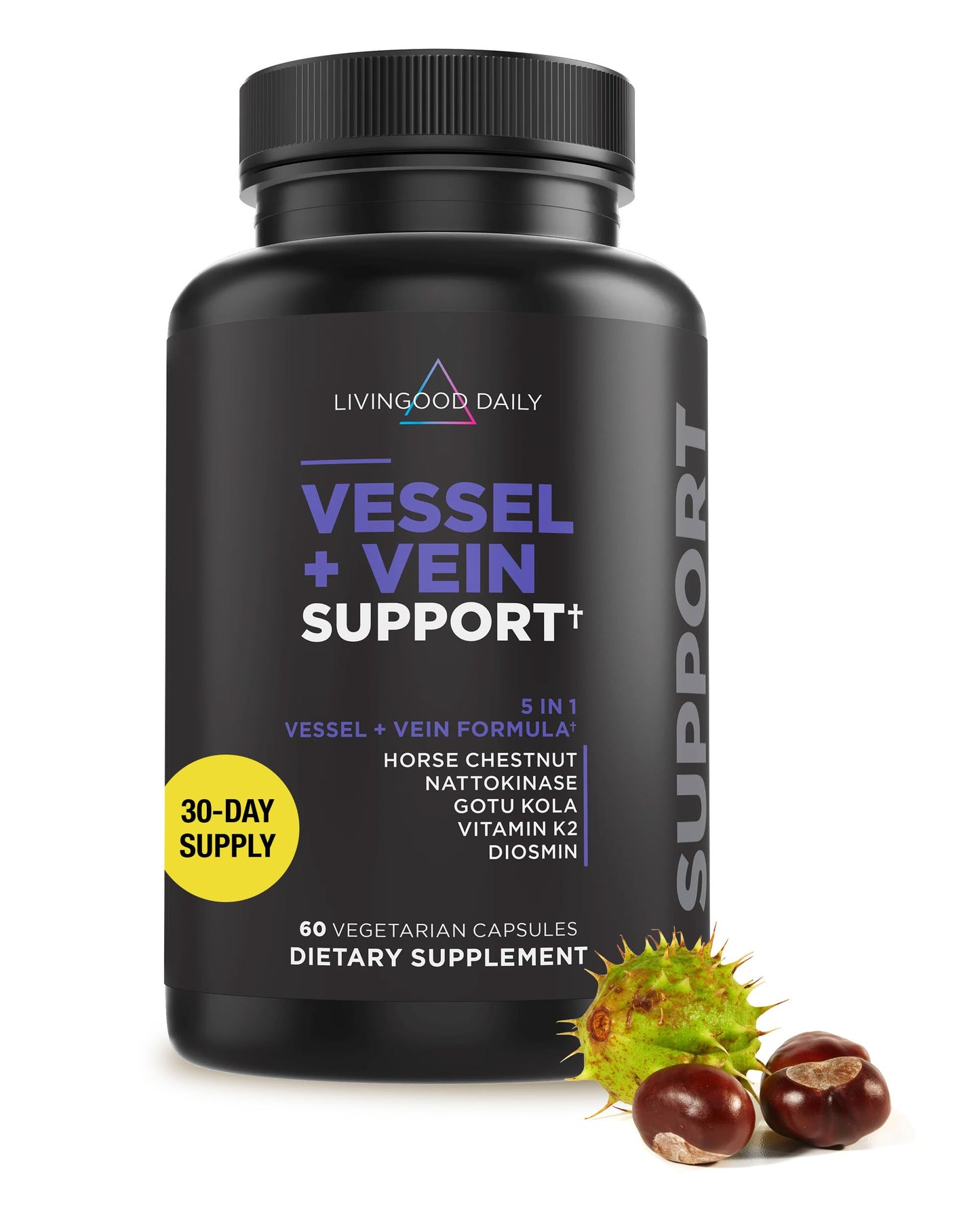 Livingood Daily Vessel & Vein Support, Circulation & Vein Support Supplement with Diosmin, Horse Chestnut, Nattokinase, Gotu Kola & Vitamin K2, Vascular & Vein Health Formula, Gluten Free, 60 Capsules