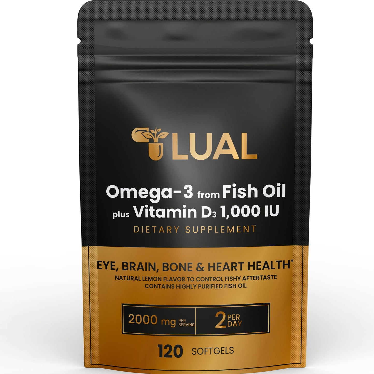 LUAL Omega-3 Fish Oil 2000mg with Vitamin D3 1,000 IU Softgels, 120 Count