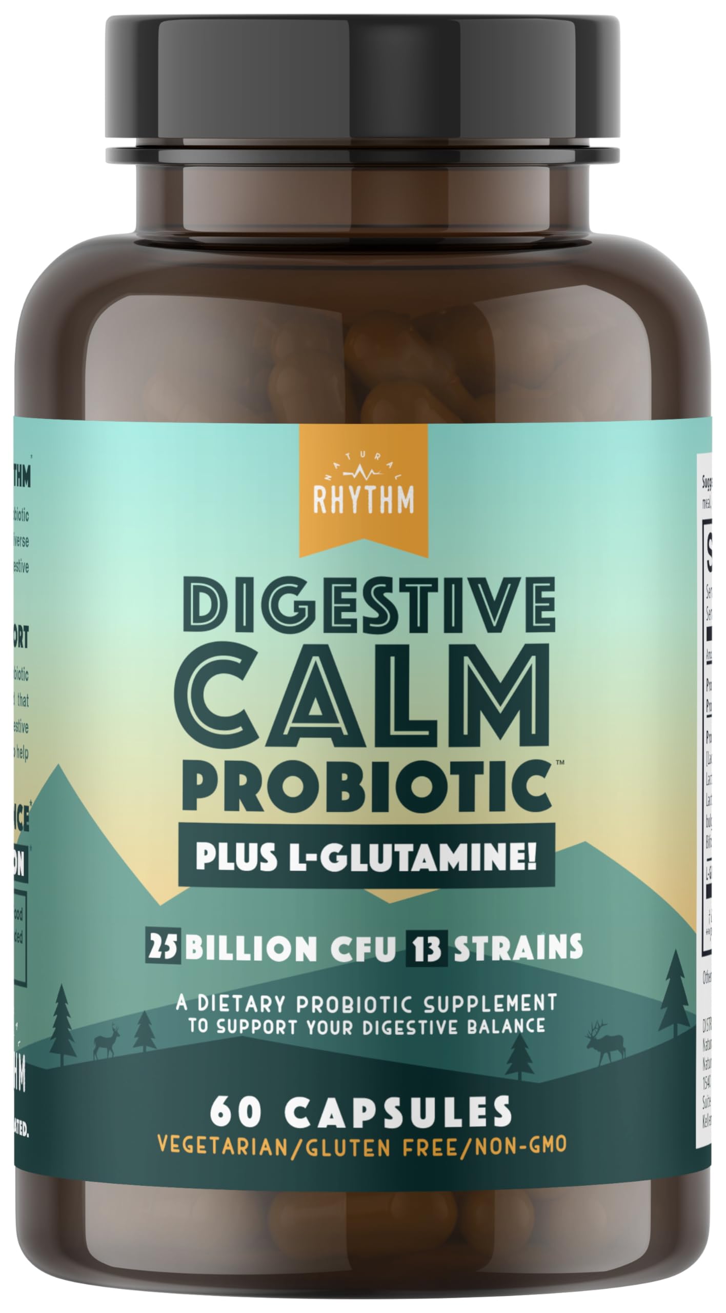 Natural Rhythm Digestive Calm Probiotic + L-Glutamine, 25 Billion CFU, 13 Strains, Digestive & Immune Support, Vegetarian Capsules, 60 Count