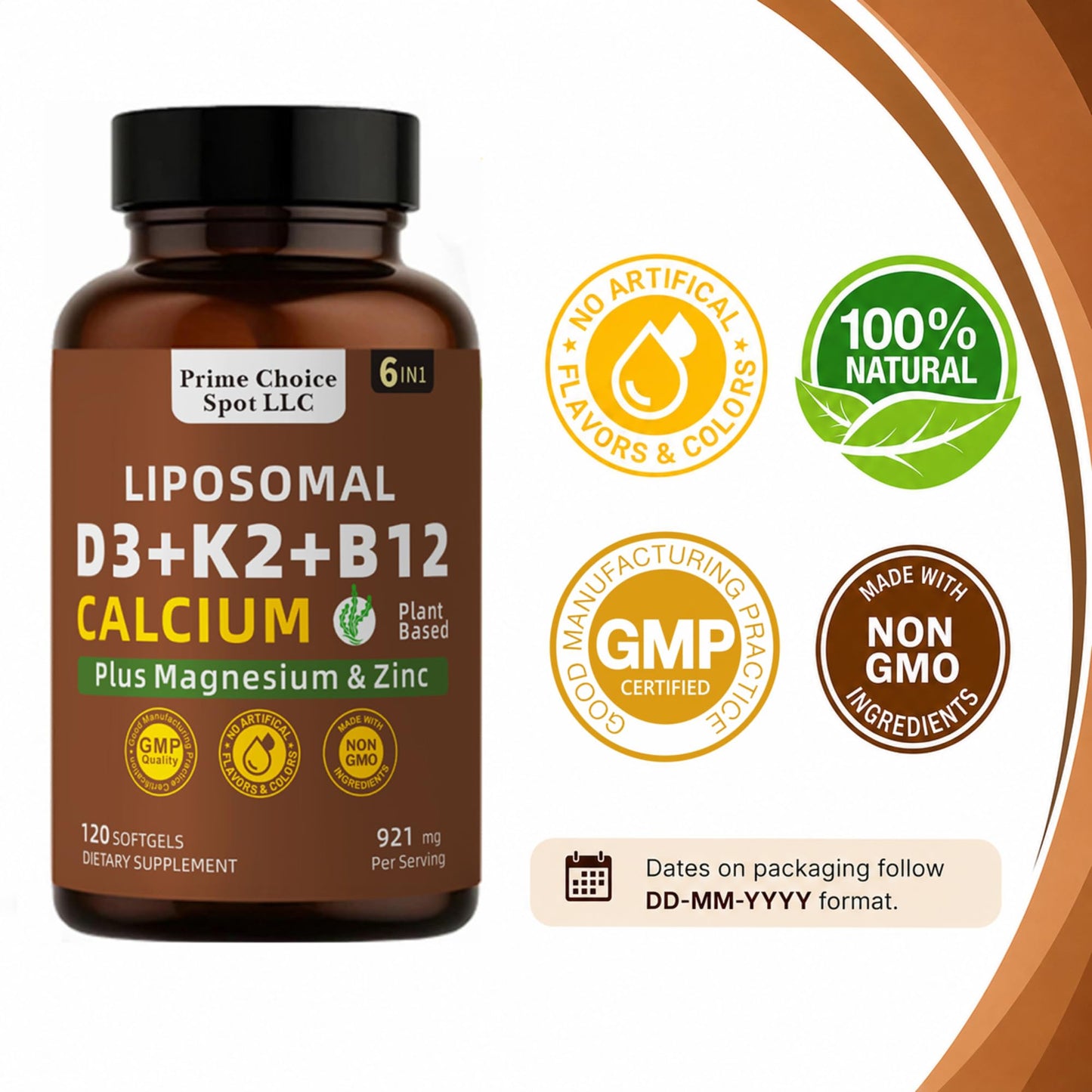 Prime Choice Spot LLC Vitamin D3 K2 B12 with Calcium Magnesium Zinc 5000 IU Softgels 120