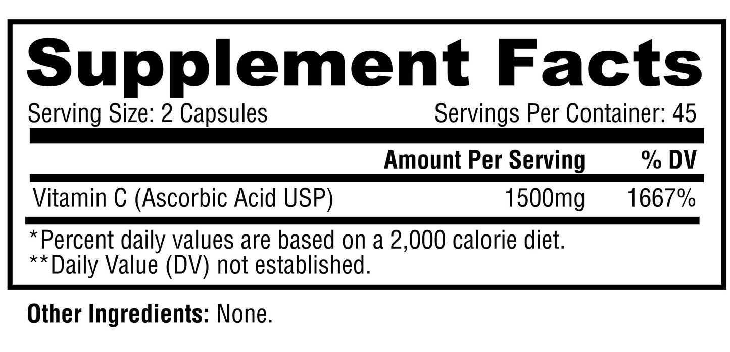 Metabolic Nutrition Vitamin C 1500mg Pure Pharma Grade High Absorption Ascorbic Acid Capsules 90 Capsules