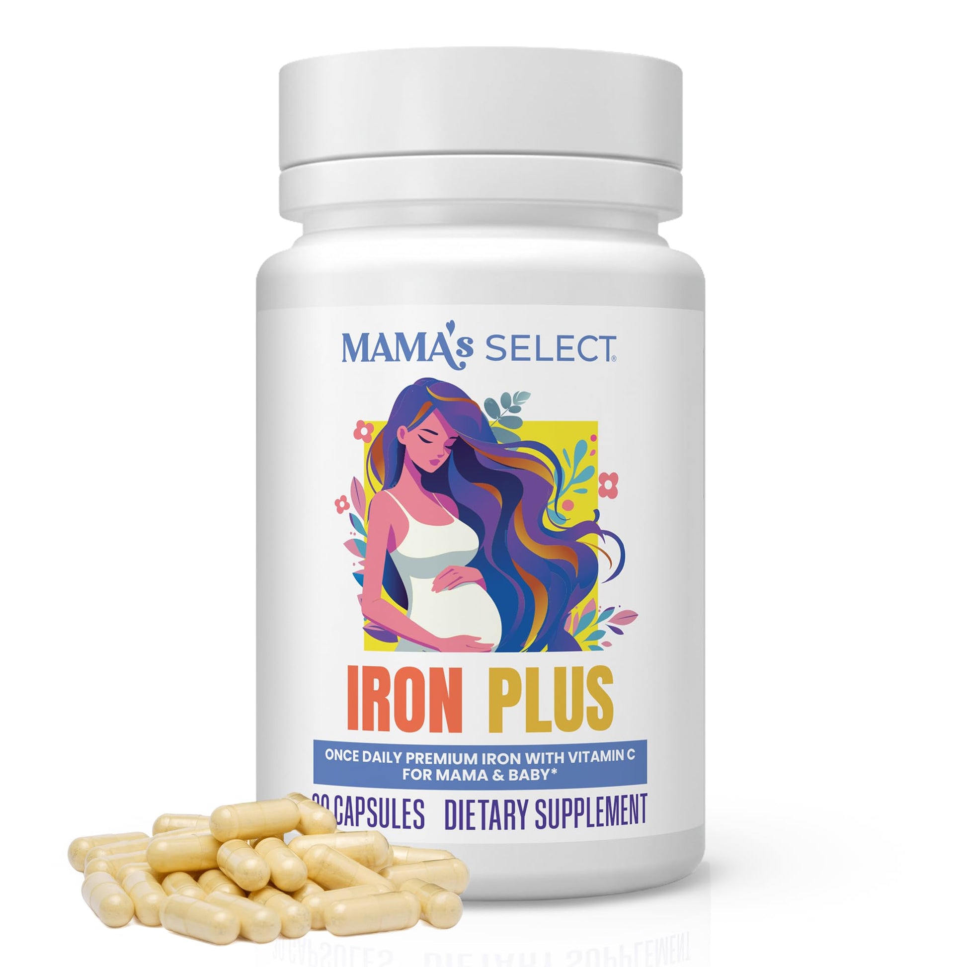 Mama's Select Prenatal Iron Plus – 18mg Gentle Non-Constipating Iron with Vitamin C – Ferrous Bisglycinate for Pregnancy & Postpartum – Supports Baby’s Neural Development – Non-GMO, 30 Capsules