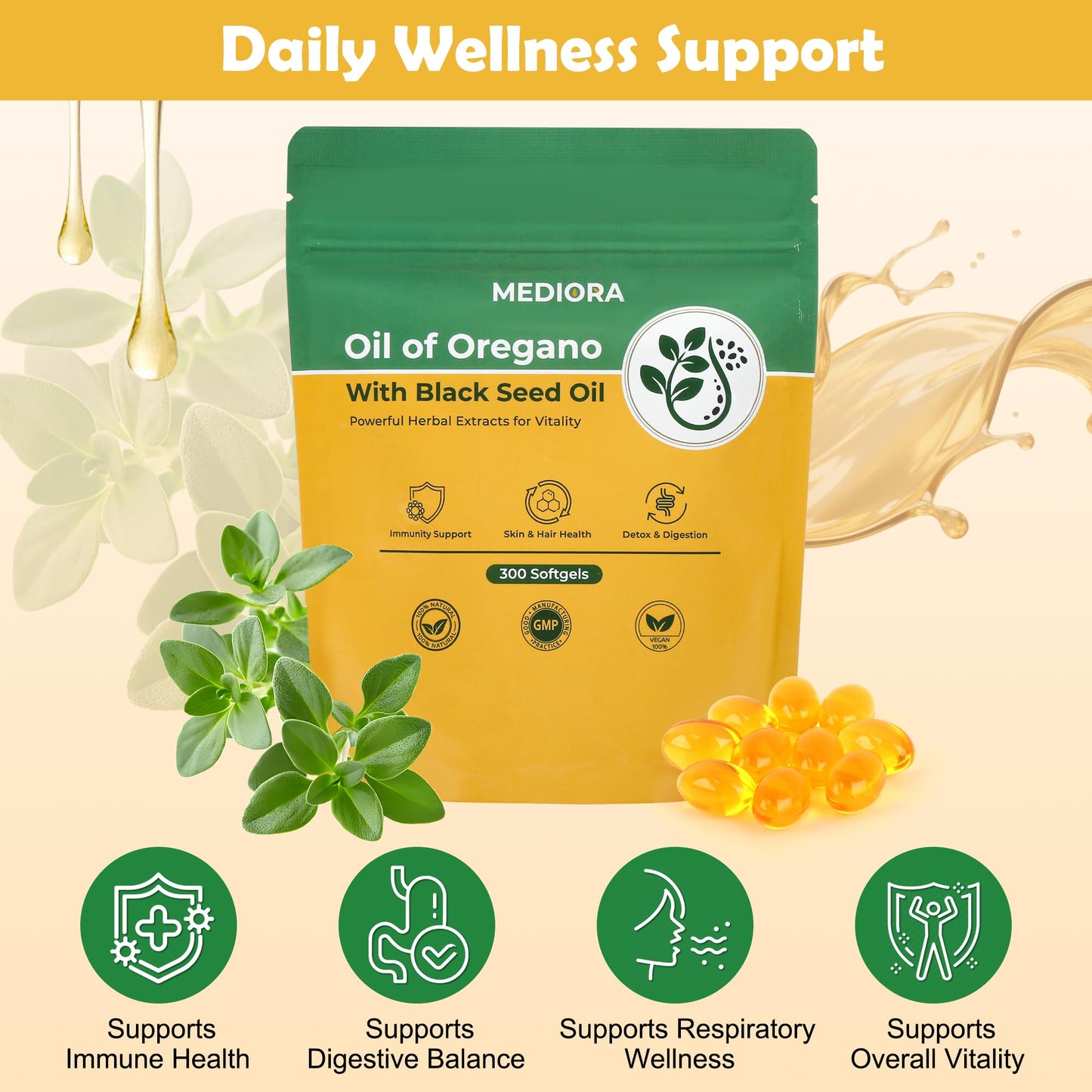 Mediora Oil of Oregano with Black Seed Oil Softgels 300 Count