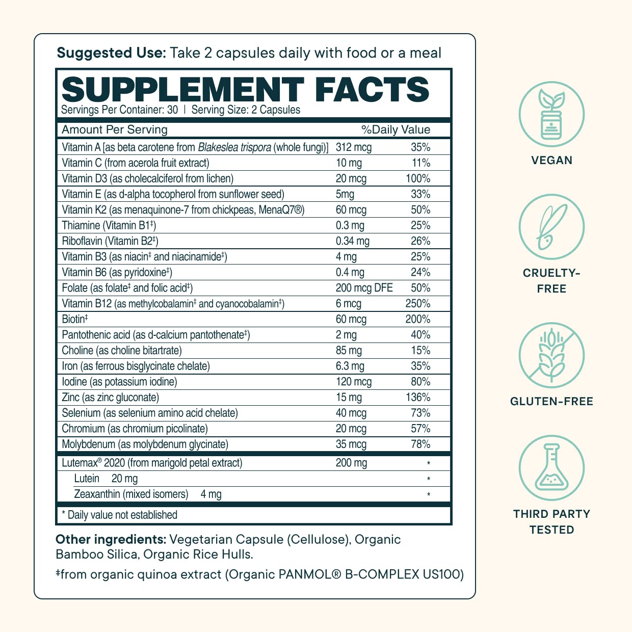 Ora Organic Plant Based Multivitamin for Women and Men, Bluelight Protection, Brain, Eye, Energy, Immune, Skin, Hair, Heart, and Bone Health Support, 60 Capsules
