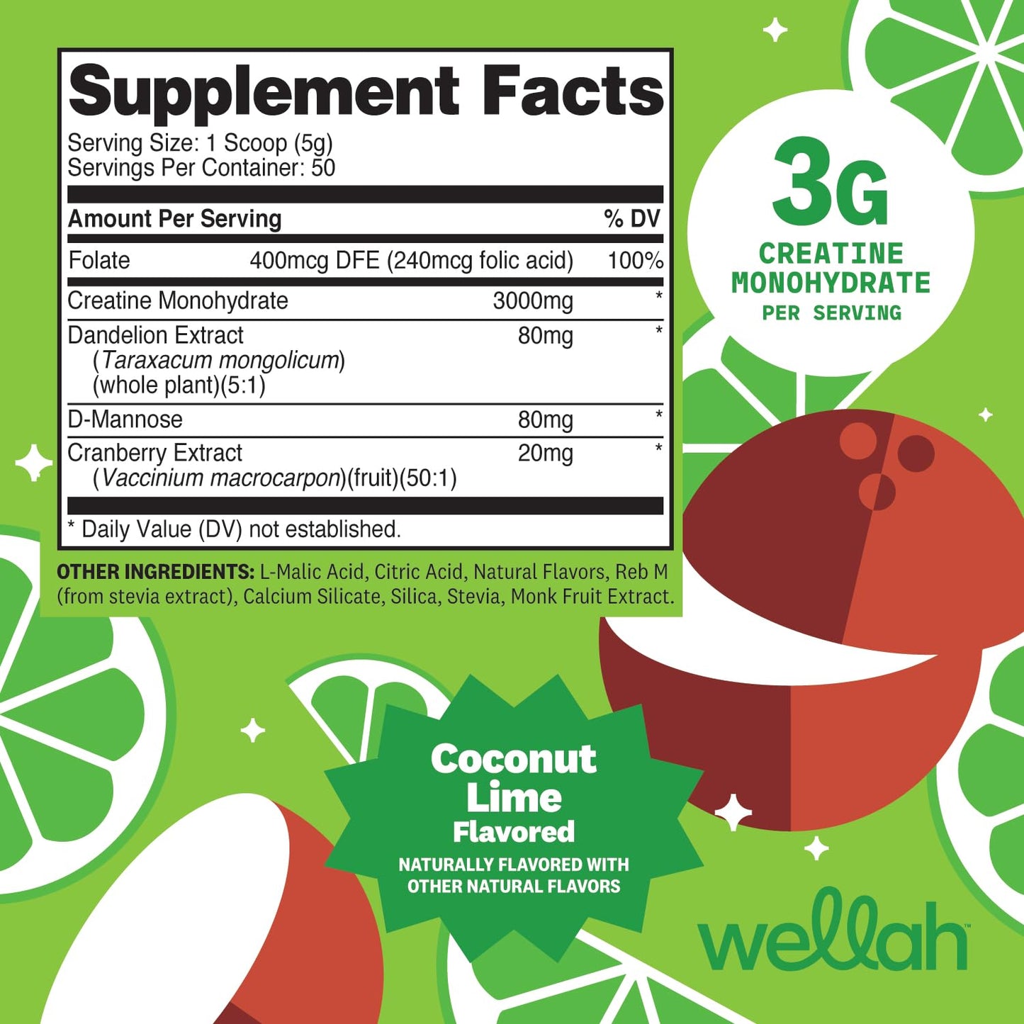 Wellah Creatine for Women (Coconut Lime) Powder, 50 Servings