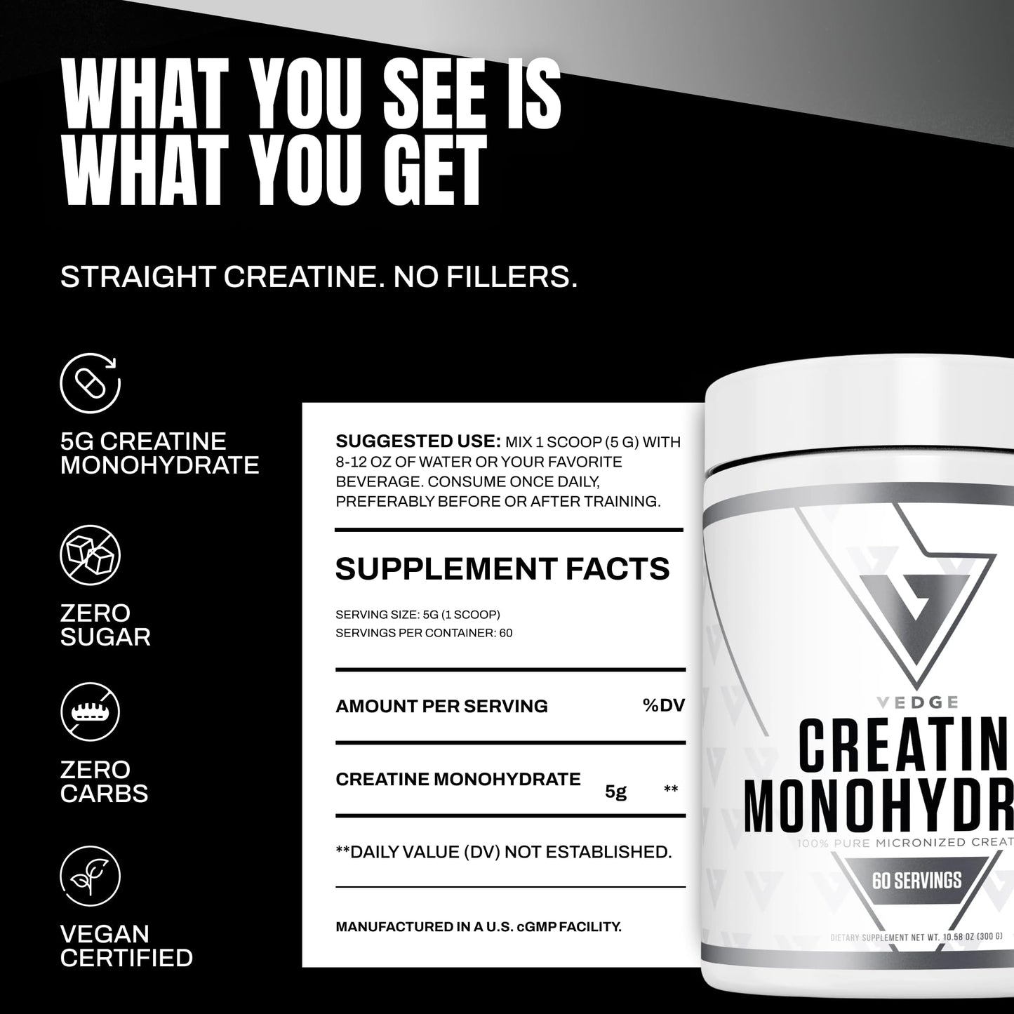 VEDGE Vegan Creatine Powder, 10.58 Ounce, 30 Servings
