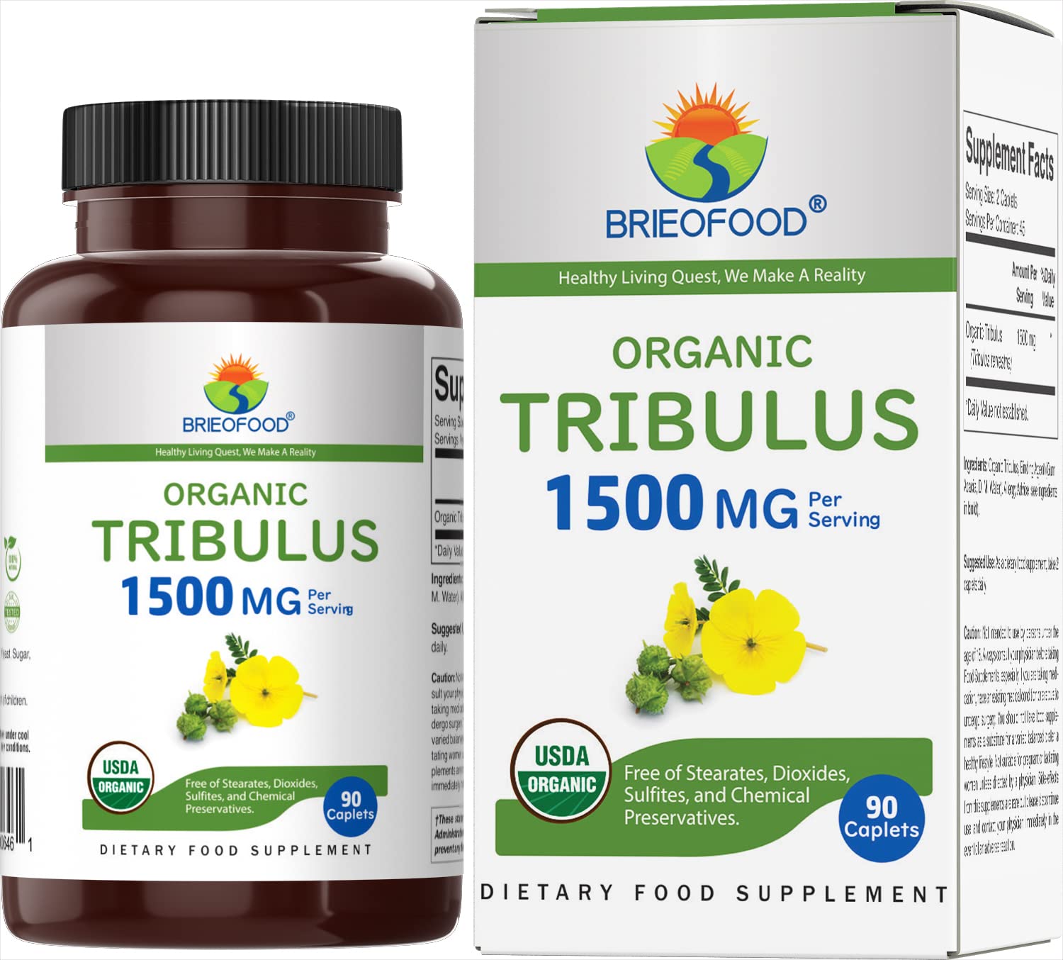 Brieofood Organic Tribulus 1500mg Tablet, 90 Count