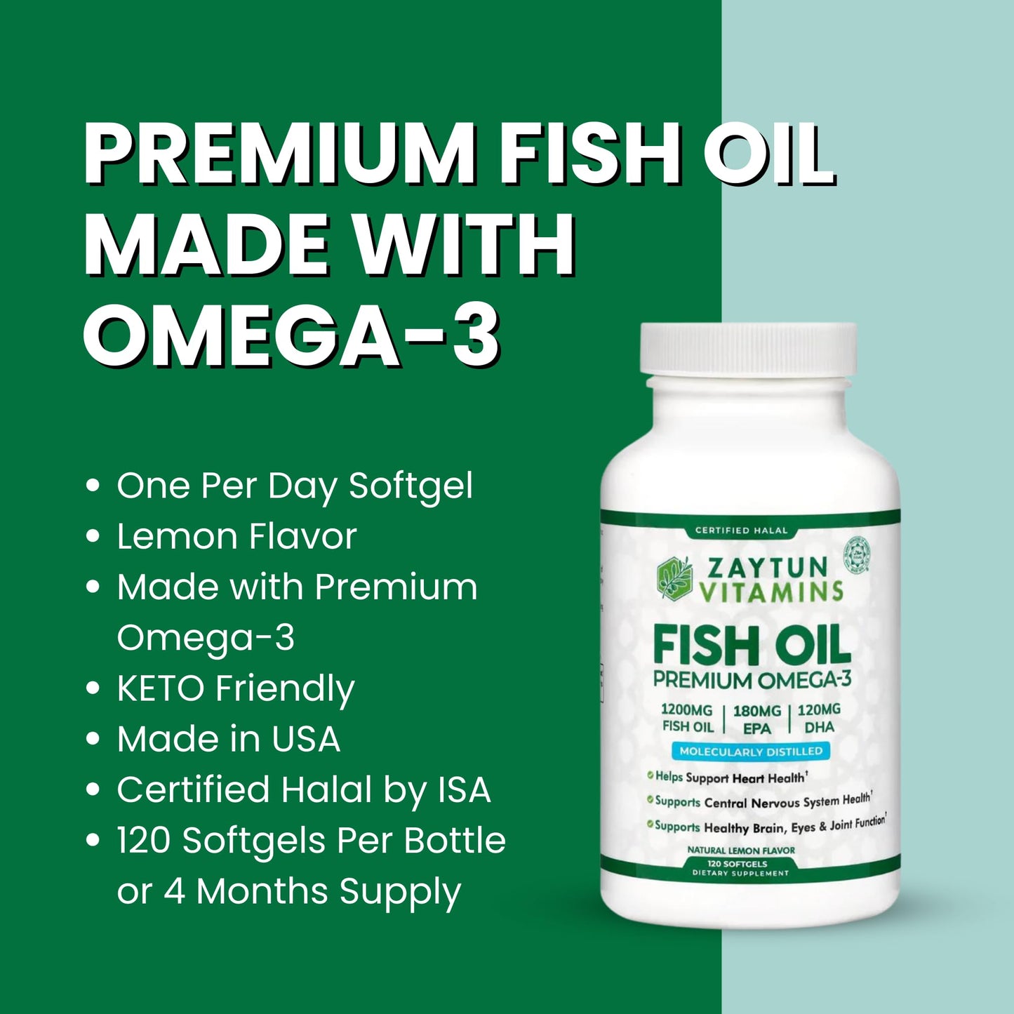 Zaytun Vitamins Halal Fish Oil 1200mg Omega-3 EPA/DHA One Per Day Softgel 120