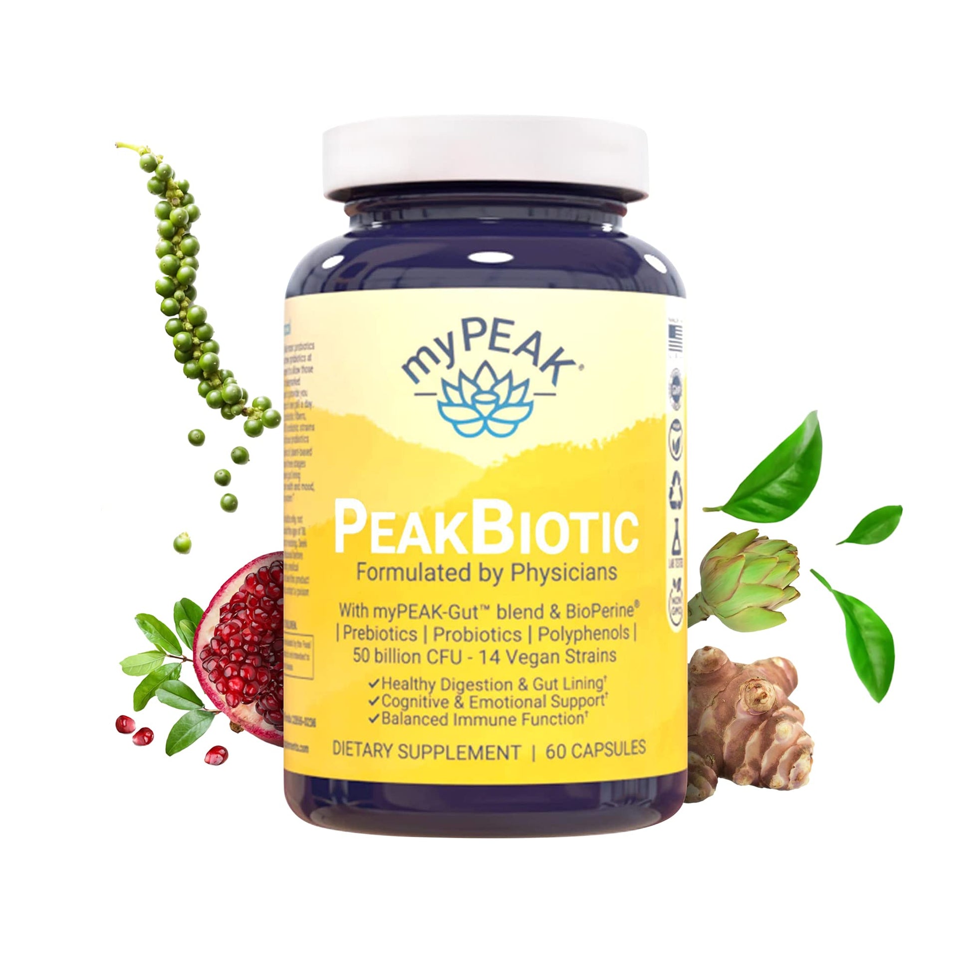 myPEAK PeakBiotic The Ultimate Vegan Synbiotic with 50 Billion CFU Probiotics, Prebiotics, Postbiotics, and Modbiotics for Digestion, Skin, and Mood, Capsules, 60