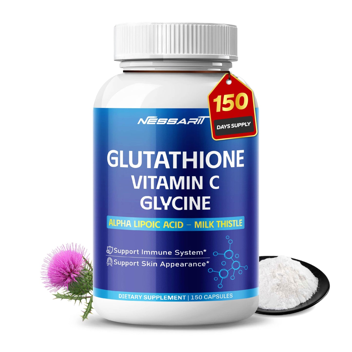 NESSARIT Glutathione, Vitamin C, Glycine, Alpha Lipoic Acid & Milk Thistle – Support Immunity & Radiant Skin, 150 Capsules