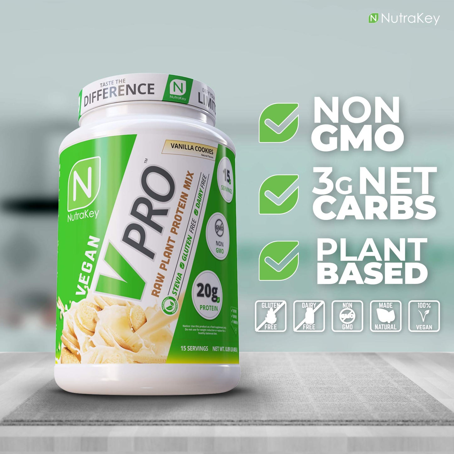 NutraKey V-Pro Raw Plant Protein Powder Vanilla Cookies, 2 lb, 1 Pack
