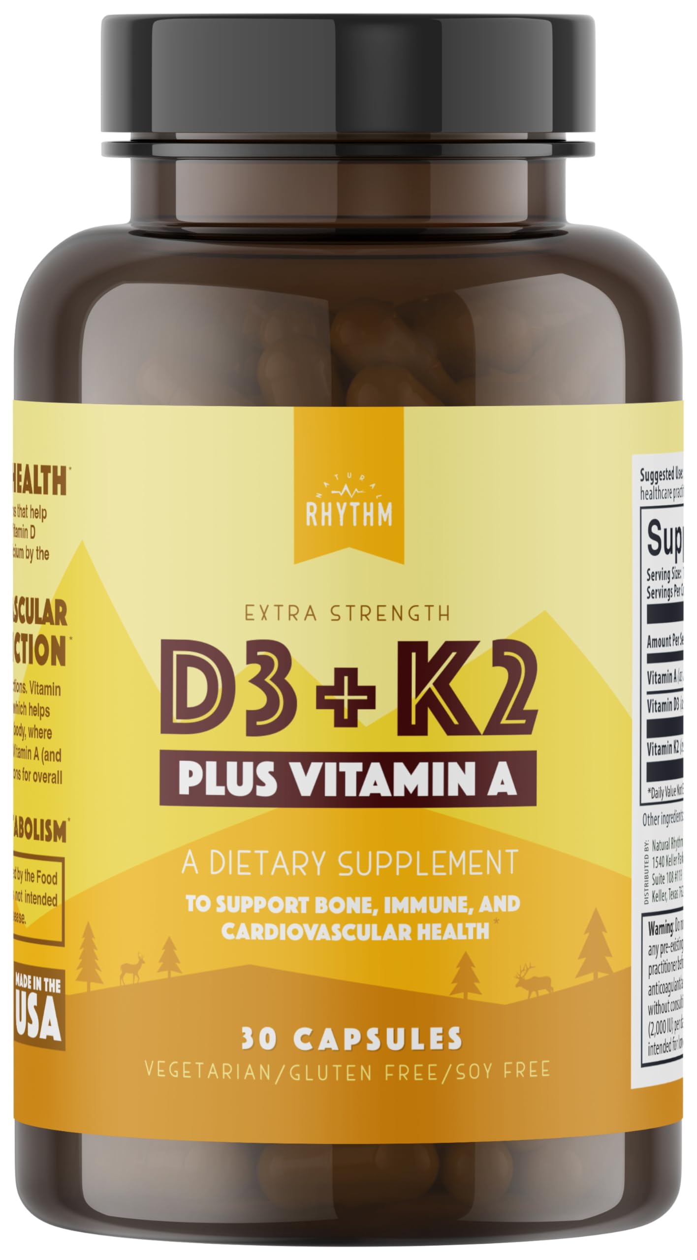 Natural Rhythm Vitamin D3 5000 IU + K2 MK-7 Plus Vitamin A – Bone & Immune Support Capsules, 30 Count