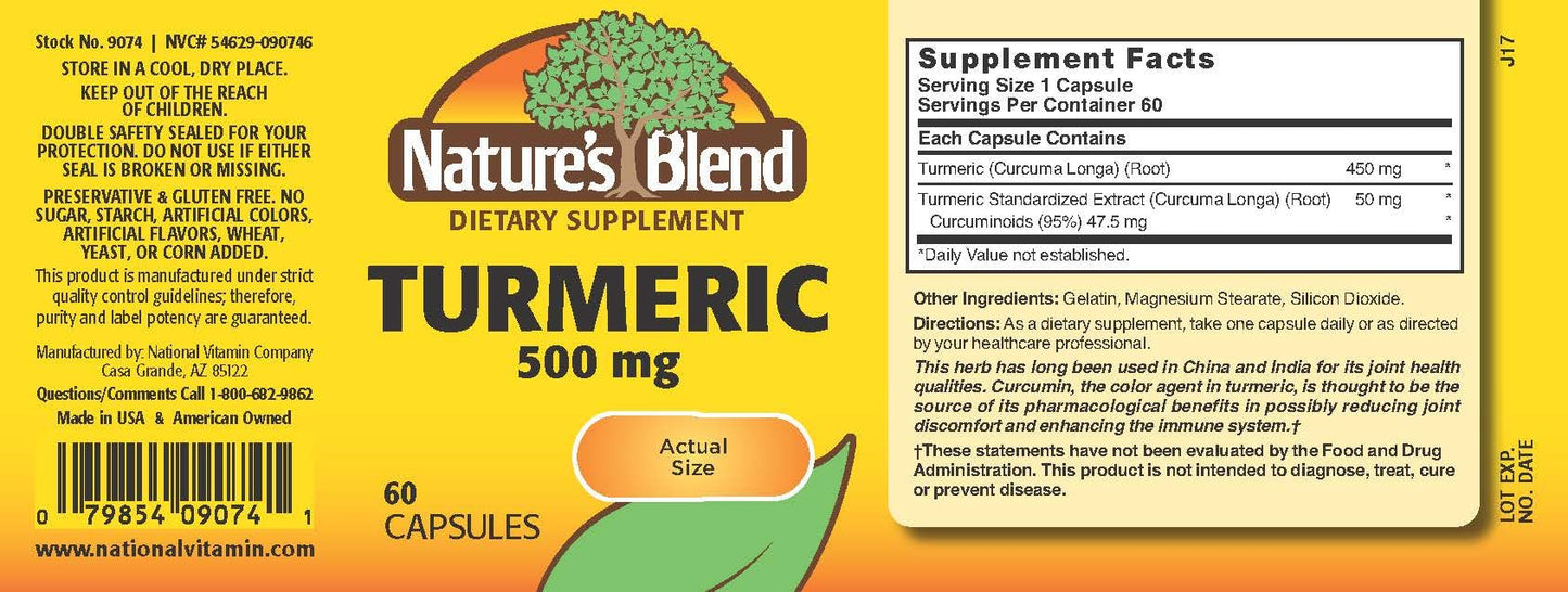 Nature's Blend Turmeric 500 mg Capsules, 60 Count