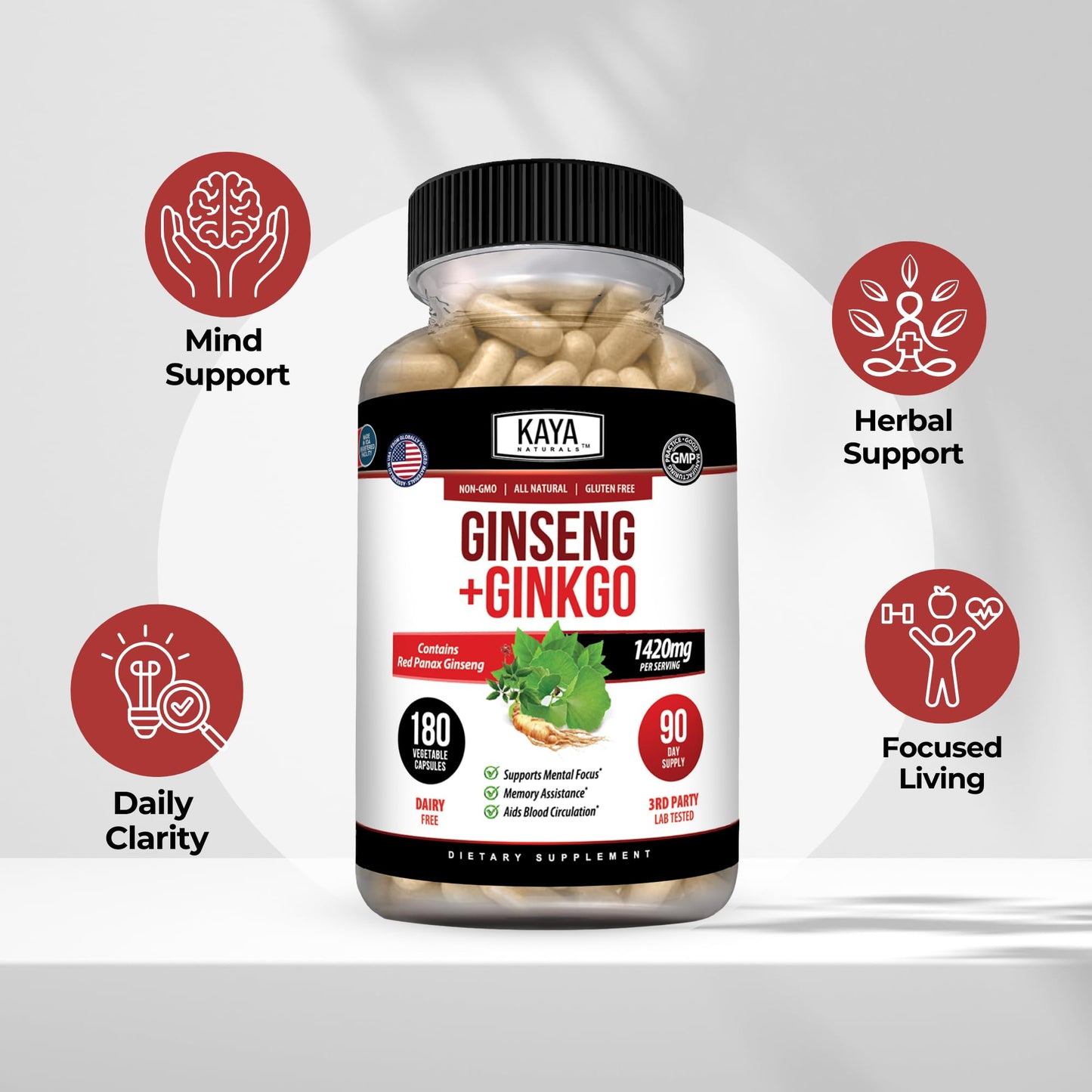Kaya Naturals Ginkgo Biloba with Red Panax Ginseng Capsules, 180 Capsules