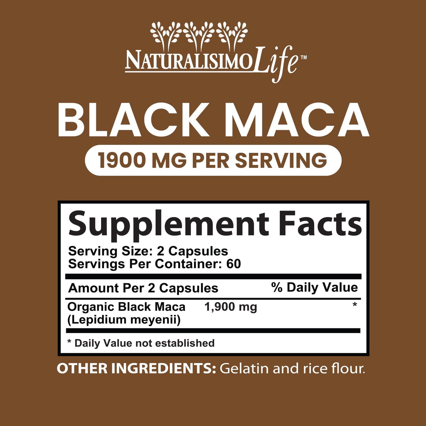 NaturalisimoLife Organic Black Maca 1,900 mg per Serving Natural Energy Booster Peruvian Maca for Men & Women Capsules, 120 Count