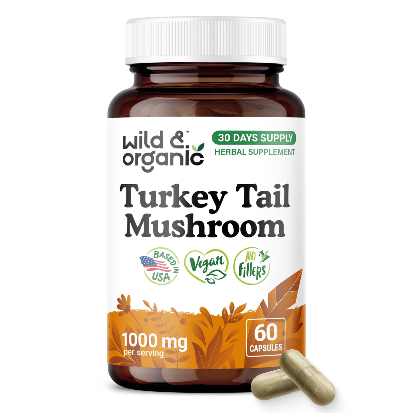 Wild & Organic Turkey Tail Mushroom Capsules 1000 mg Immune Support, 60 Capsules