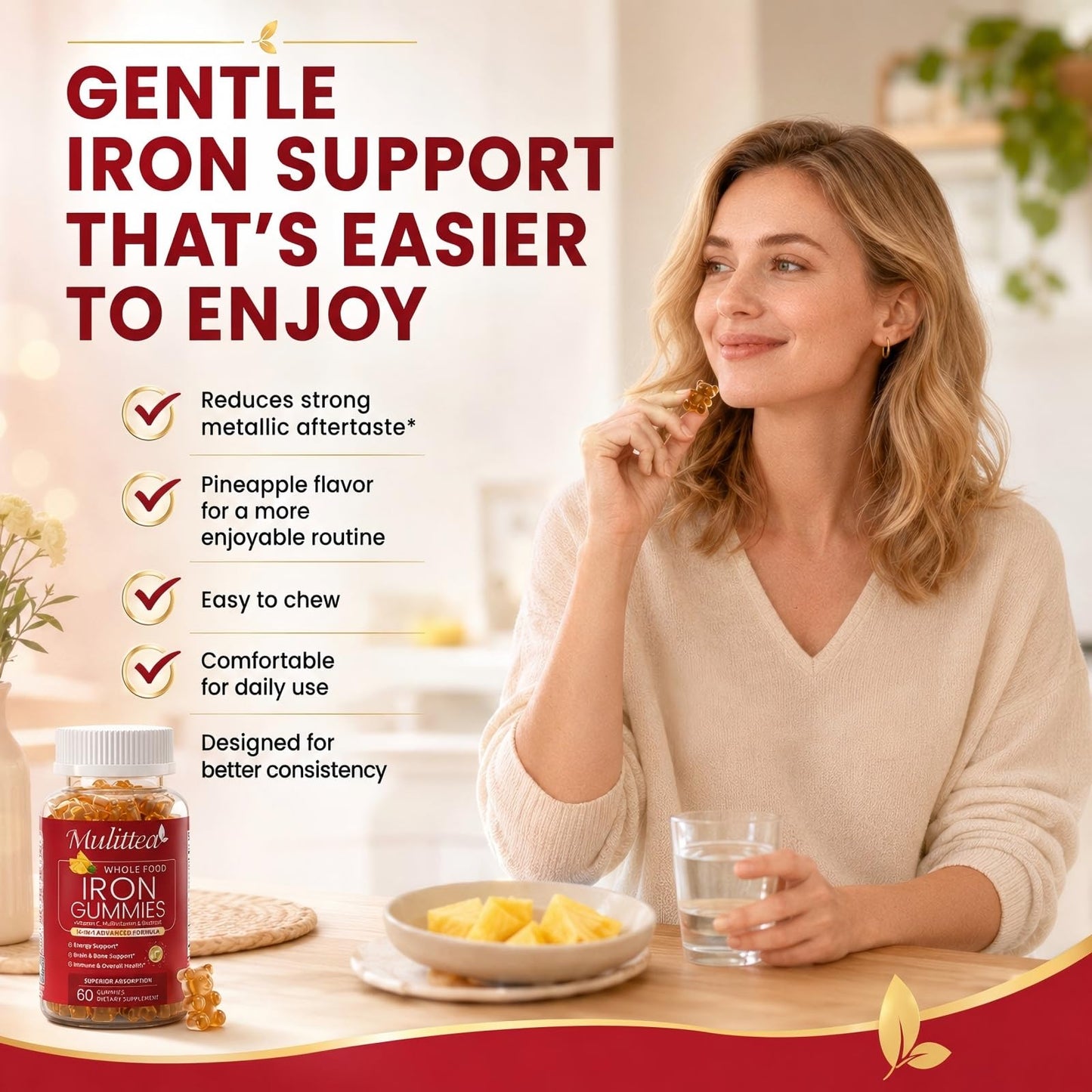 Mulittea Iron Gummies for Women, 4-Source Iron Supplement with Vitamin C, Folate, 120 Gummies