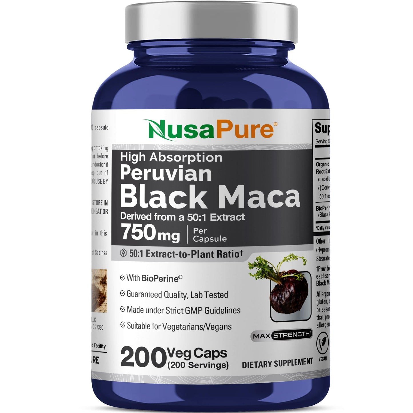 NusaPure Peruvian Black Maca Root 750 mg, 200 Veg Capsules