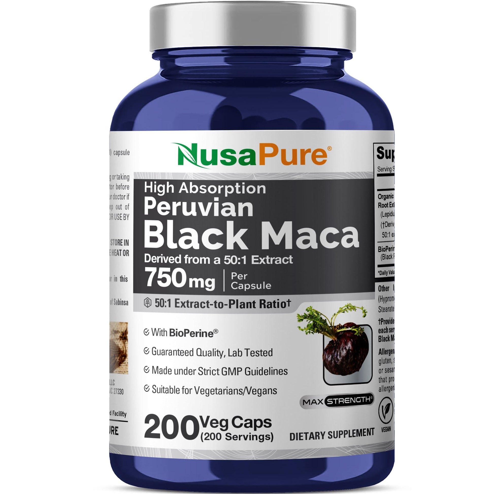 NusaPure Peruvian Black Maca Root 750 mg, 200 Veg Capsules