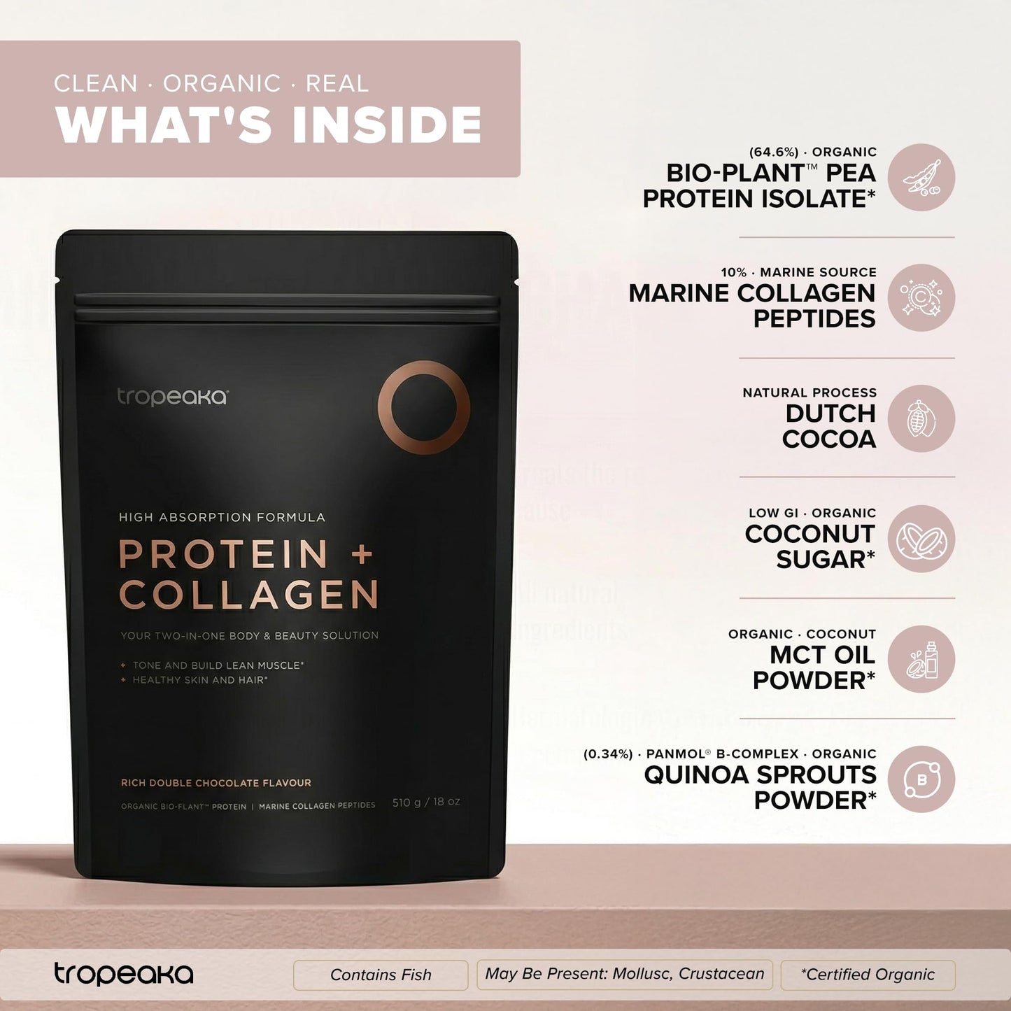 Tropeaka Collagen Protein Powder - Double Chocolate - Marine Collagen Peptides for Skin, Hair & Nails, Dairy Free, Gluten Free, Non-GMO - 18 oz