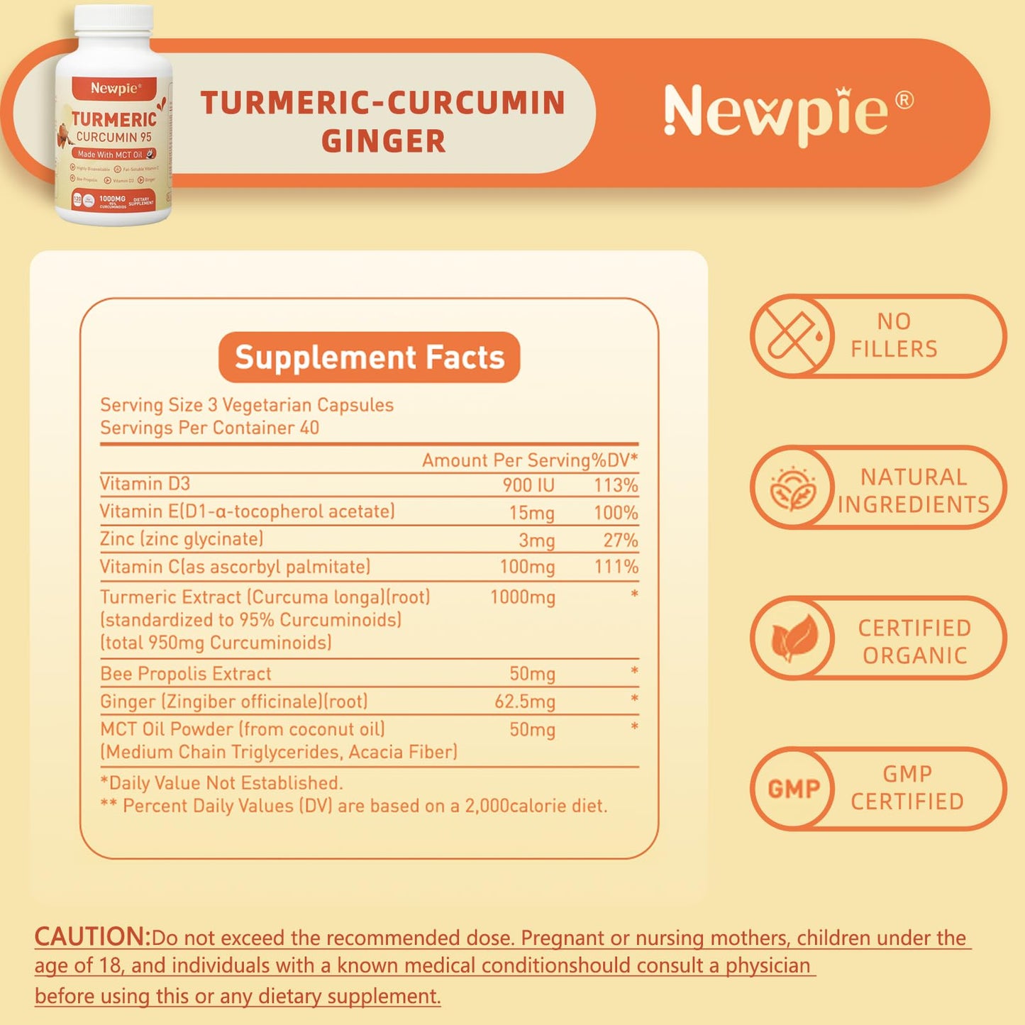 Newpie Turmeric Curcumin Supplement with MCT Oil, 120 Capsules