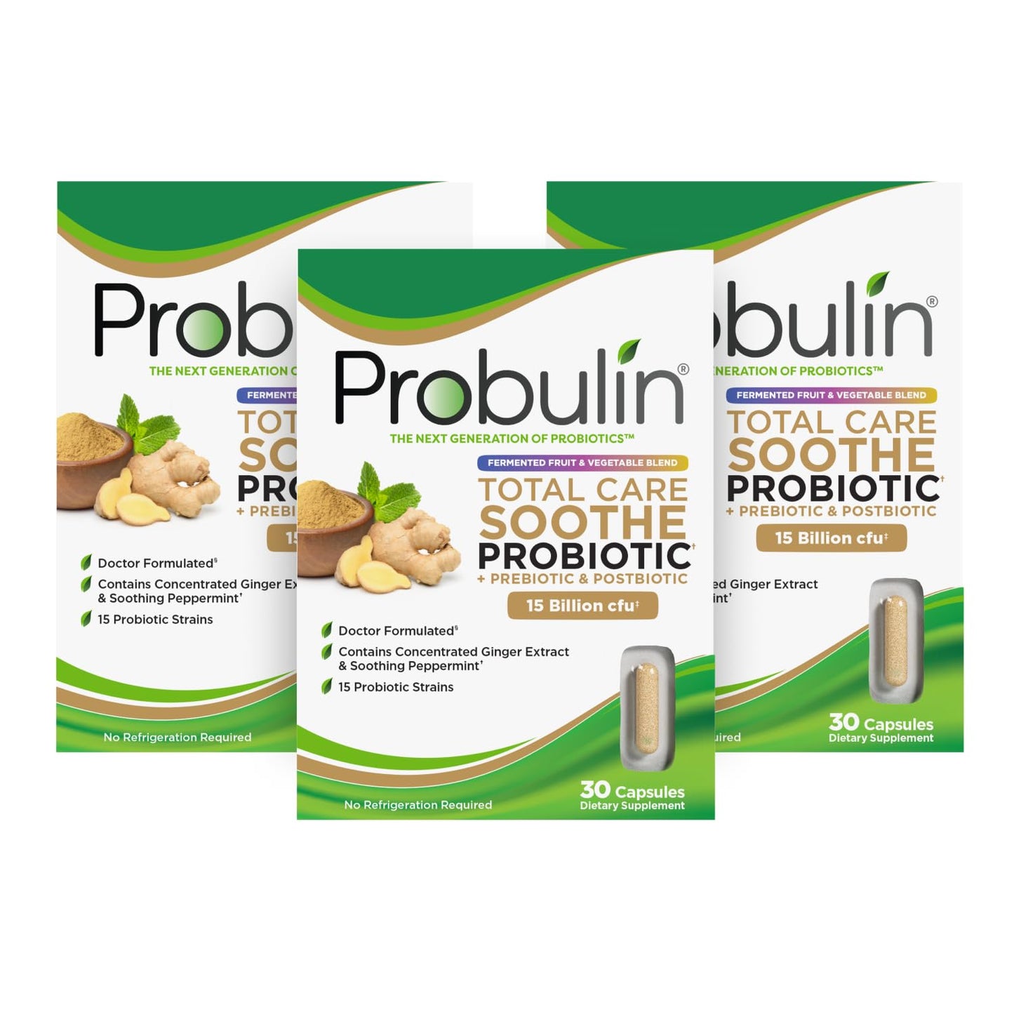 Probulin Total Care Soothe Prebiotics + Probiotics + Postbiotics with Ginger Extract & Peppermint, 15 Billion CFU, 15 Strains, 90 Capsules