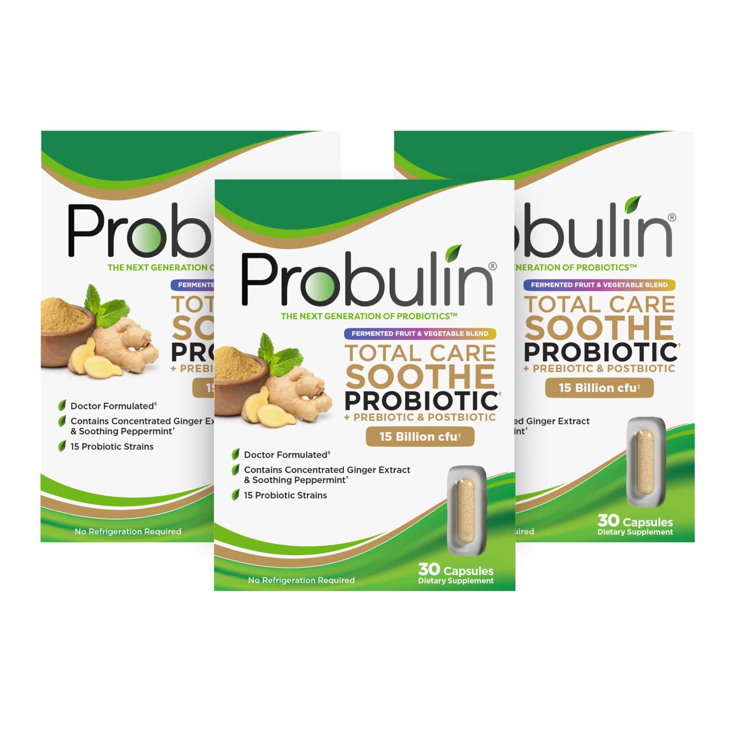 Probulin Total Care Soothe Prebiotics + Probiotics + Postbiotics with Ginger Extract & Peppermint, 15 Billion CFU, 15 Strains, 90 Capsules