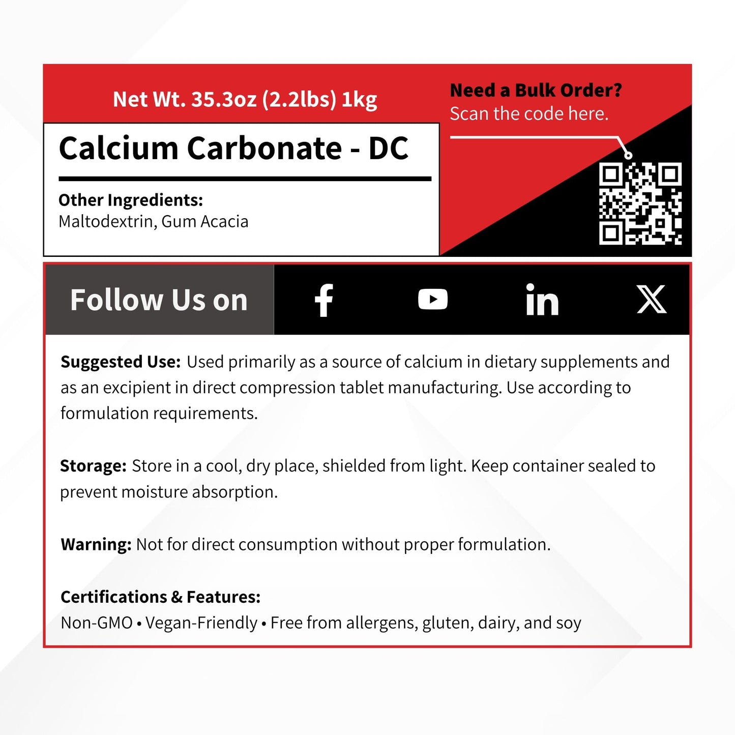 Vivion Calcium Carbonate DC Granular with Maltodextrin & Gum Arabic Powder, 2.2 lb