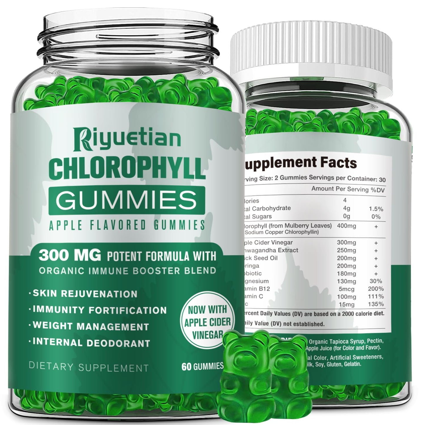Riyuetian Sugar Free Chlorophyll Gummies with Unfiltered ACV, Sea Moss, Elderberry, Echinacea, Vitamin D3, C, E, B12, Vegan, 60 Gummies