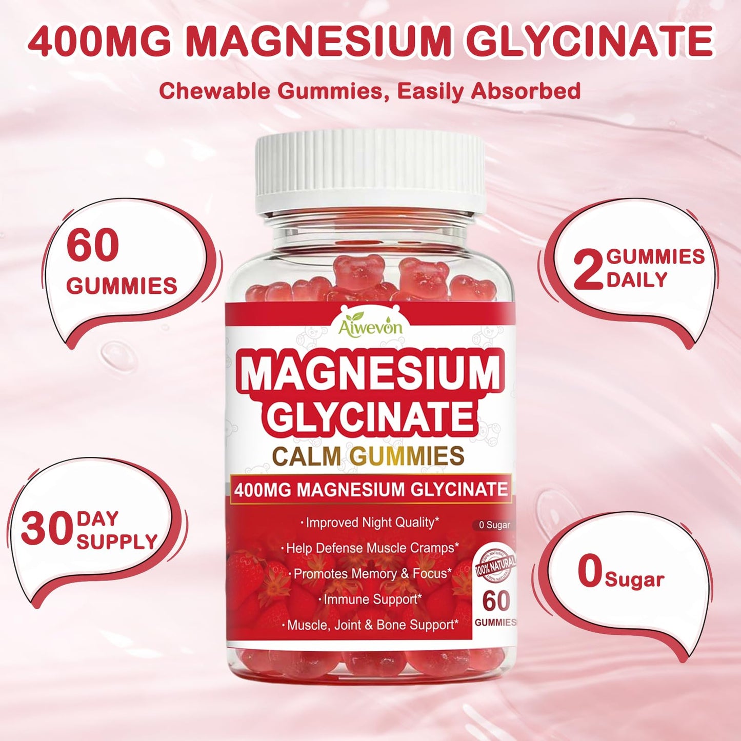 Aiwevon Magnesium Glycinate Gummies 400mg, 60 Count