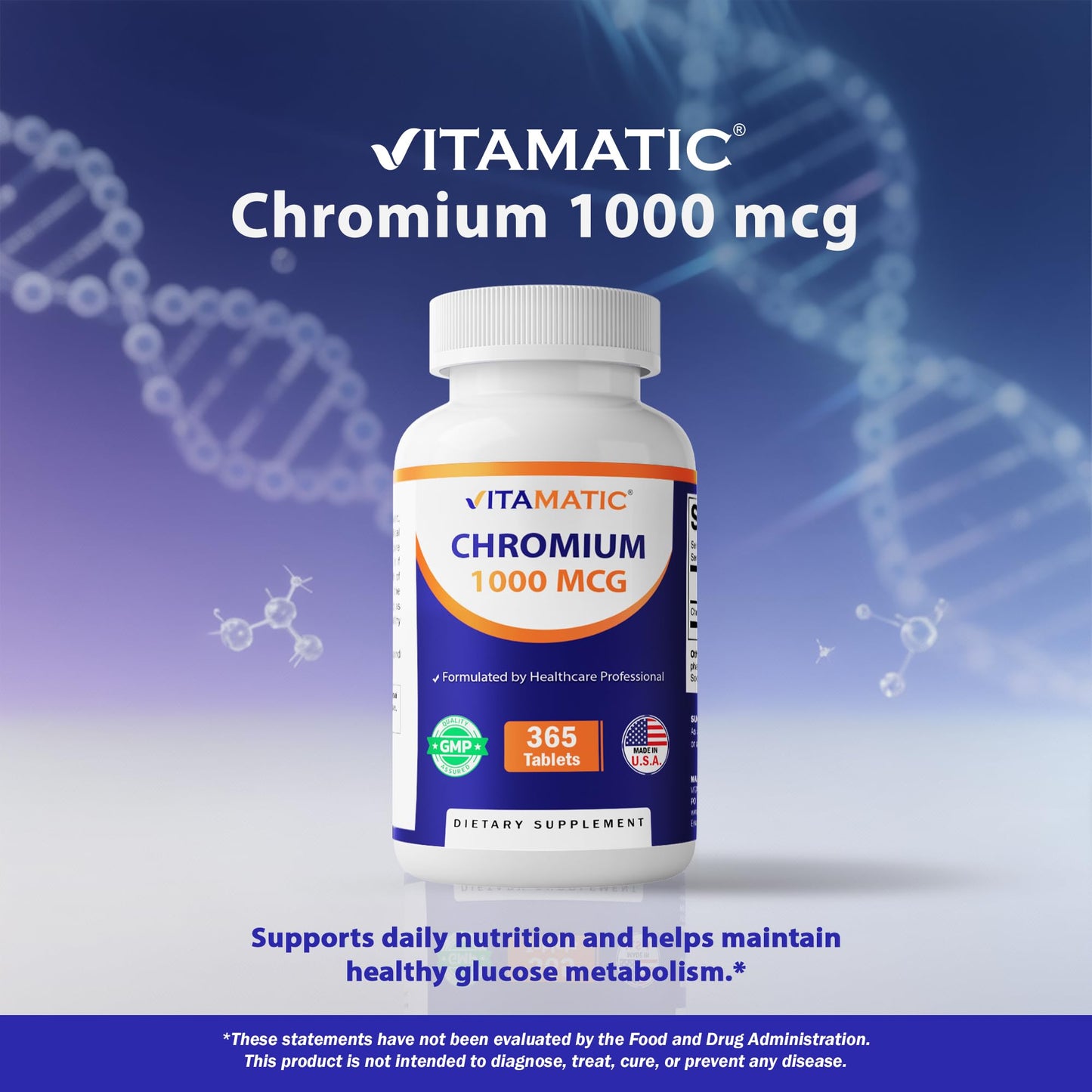 Vitamatic Chromium 1000 mcg Picolinate Tablets, 365 Count, Non-GMO, Gluten Free