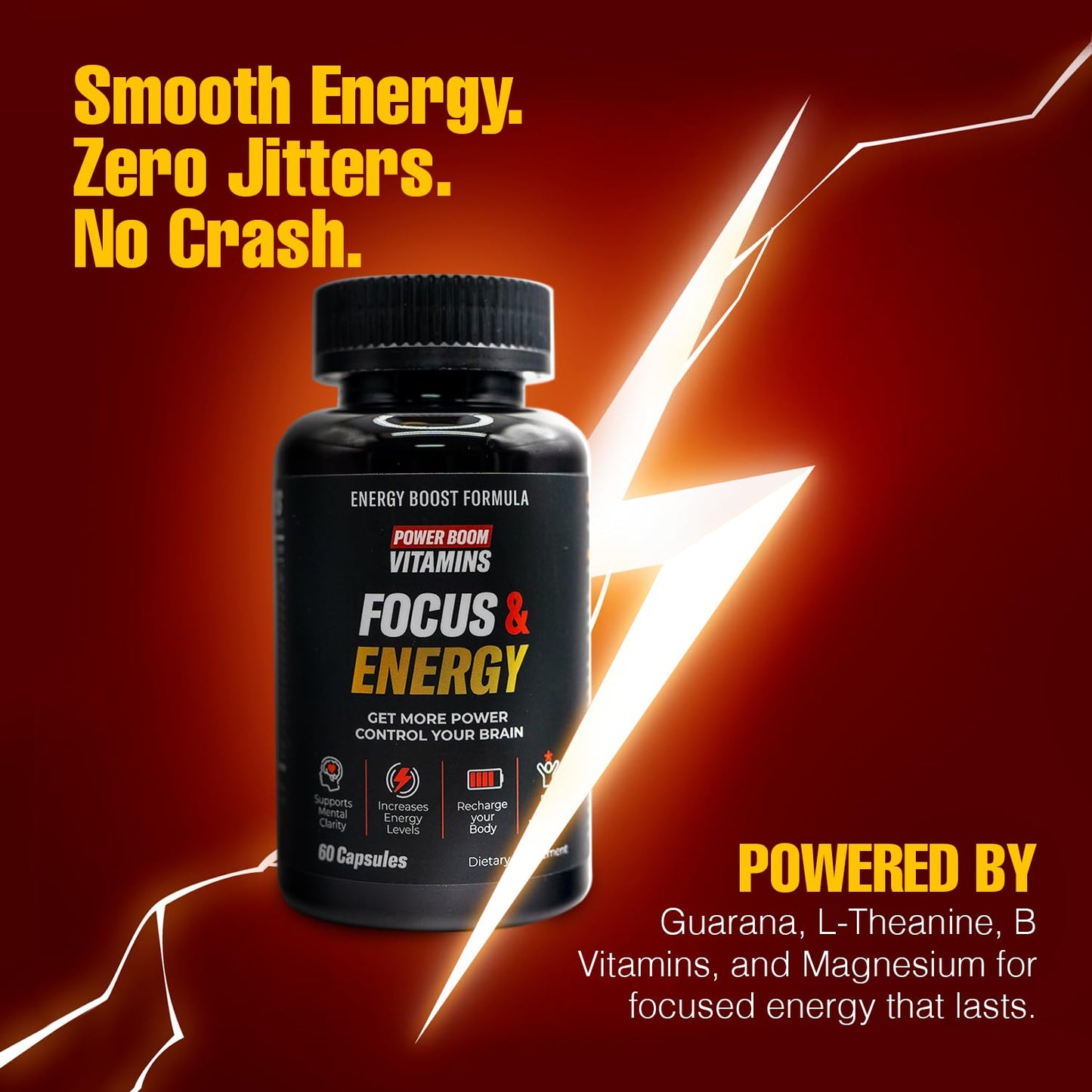Power Boom Vitamins Focus & Energy – Brain & Mental Performance Supplement Capsules, 60 Count