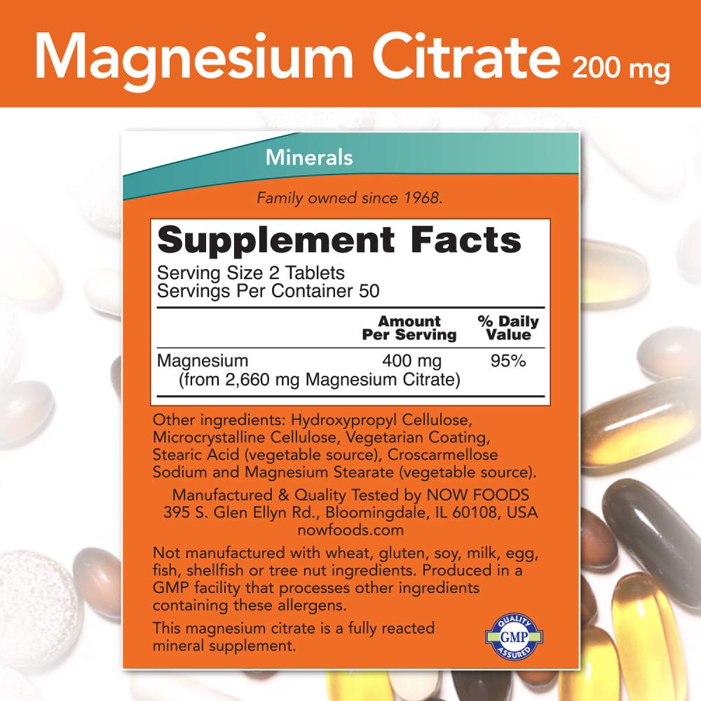 NOW Foods Magnesium Citrate 200 mg Tablet, 100 Count