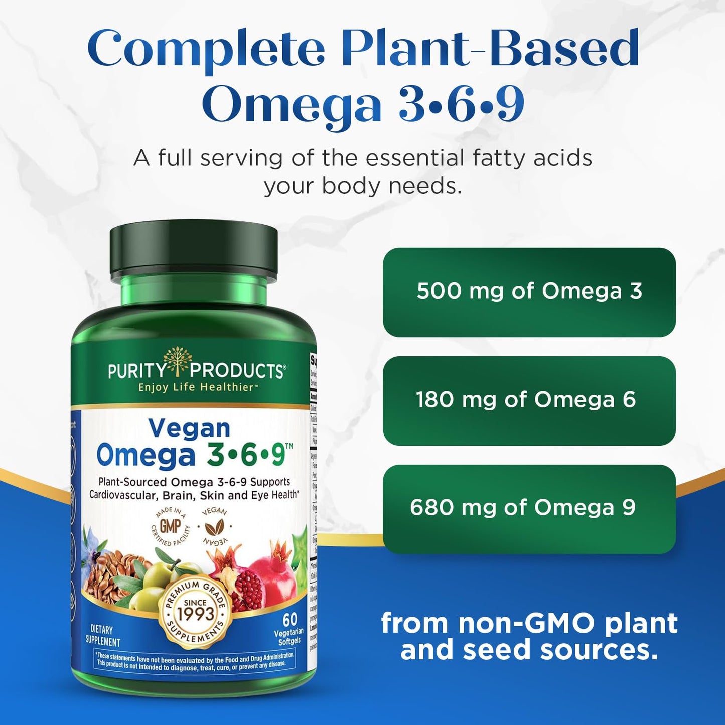 Purity Products Omega 3-6-9 Vegan and Vegetarian Formula - 5 in 1 Essential Fatty Acid Complex - Plant-Based Omega 3 6 9, Softgels, 60 Count