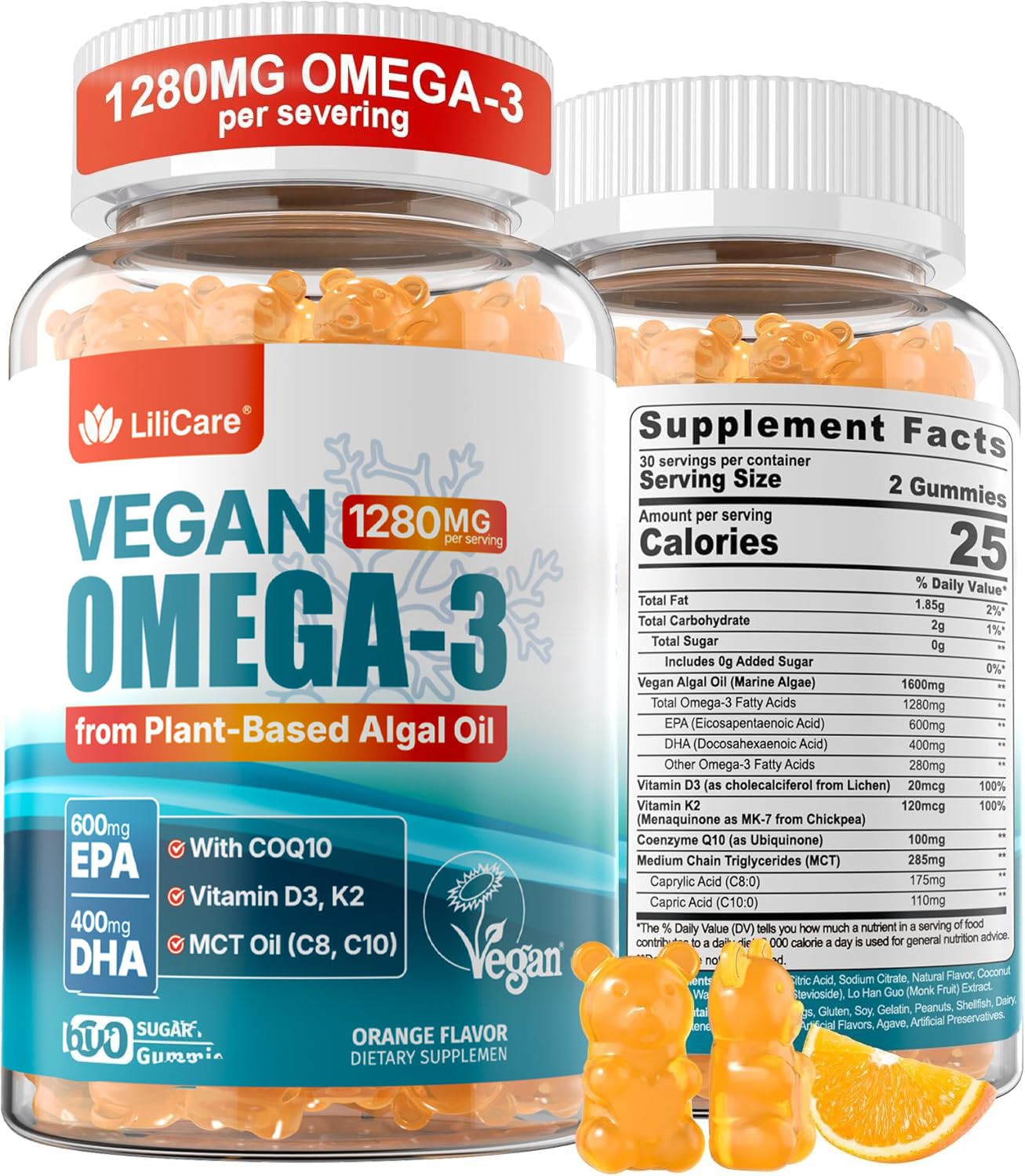 LILICARE Omega-3 Gummies + CoQ10 + D3 K2 (MK7) for Women Men, EPA 600mg & DHA 400mg, 60 Gummies