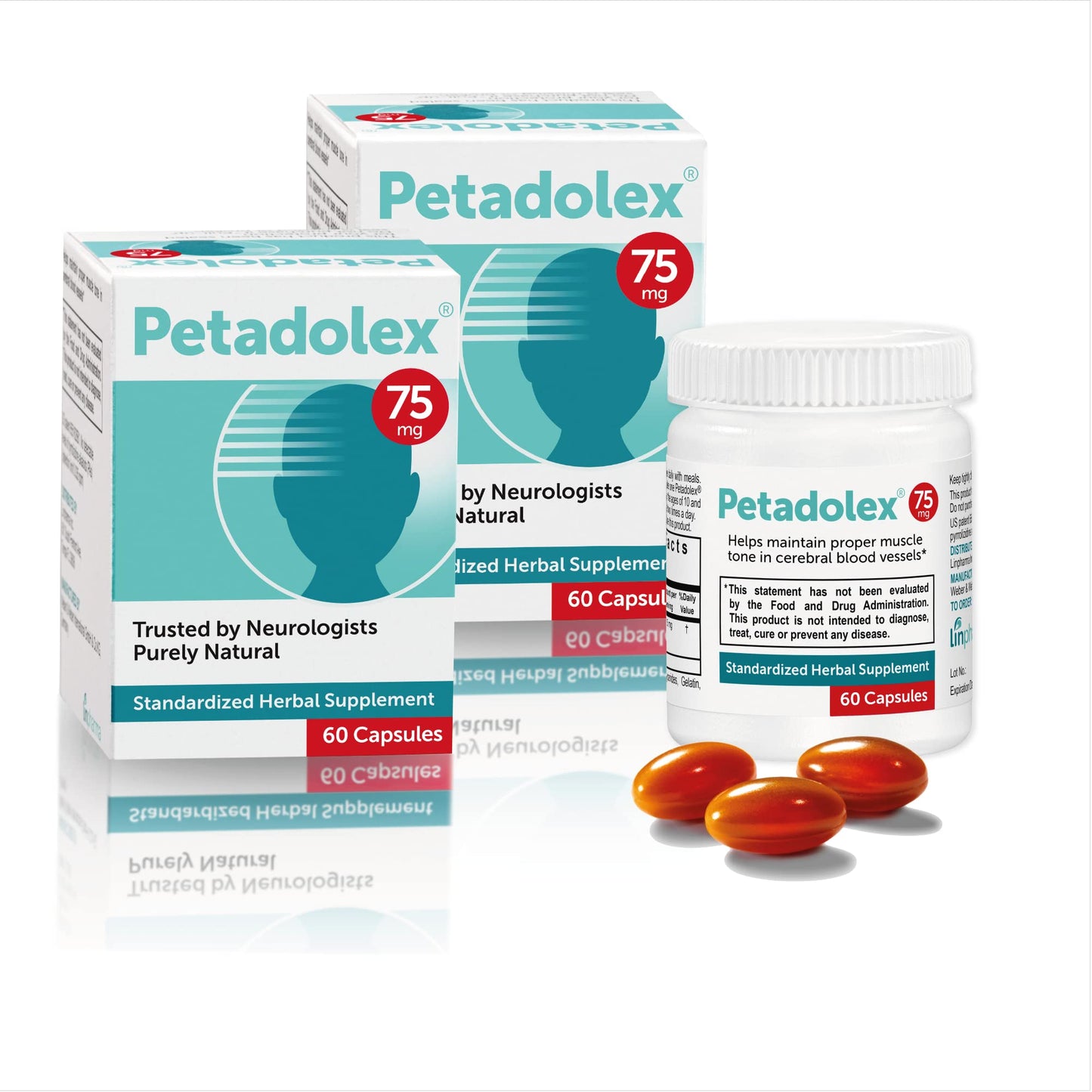 Petadolex Linpharma 75 mg PA-Free Butterbur Root Extract for Brain Health Capsules, 2 Bottles