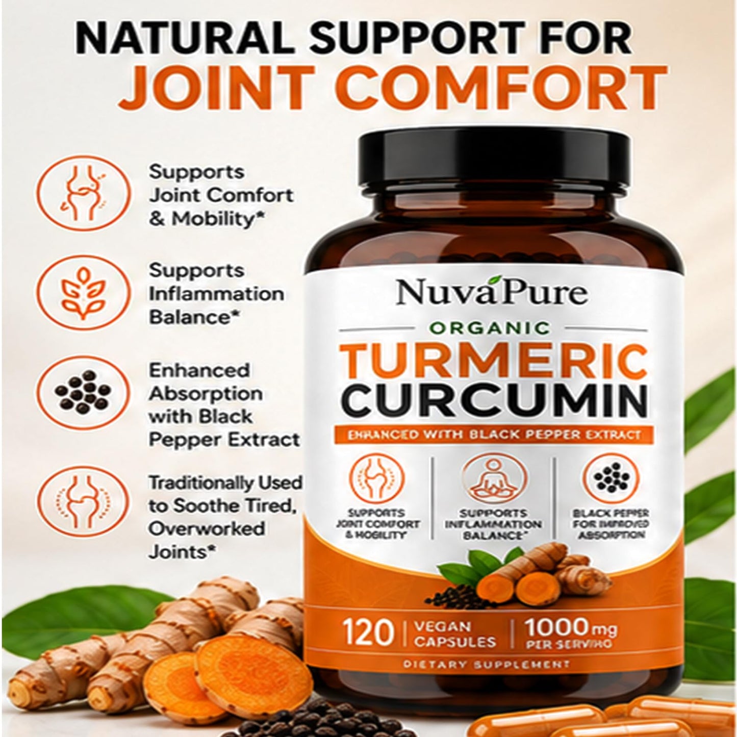 Renovia Oil Nuvapure Turmeric with Black Pepper Turmeric Curcuminoid Extract Supplement Enhanced Absorption Formula Daily Joint Wellness Support Softgel 1 Count