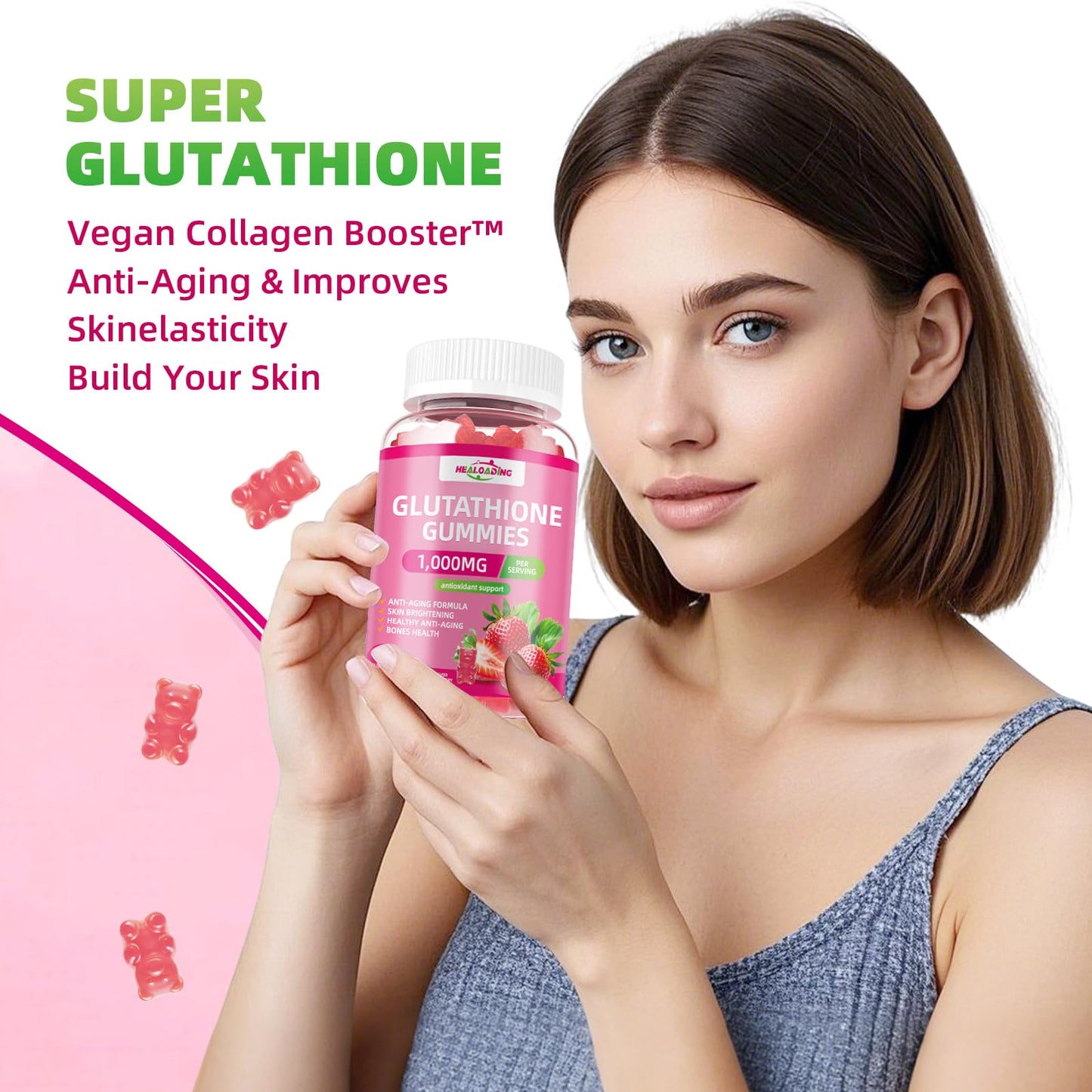 HEALOADING Glutathione Gummies 1000mg with Collagen & L-Glutamine, Vitamins C, E, D & B12, 60 Count