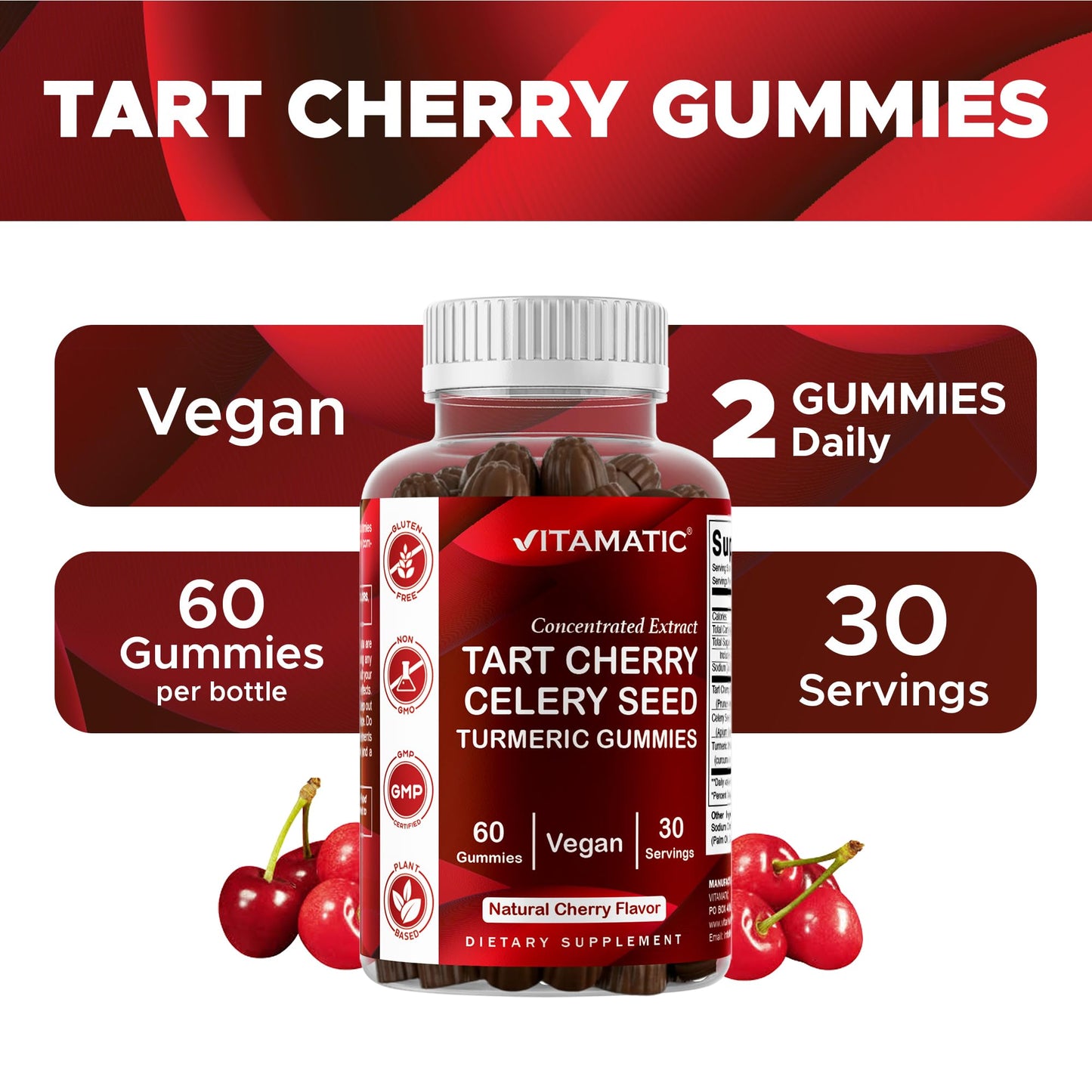 Vitamatic Tart Cherry with Celery Seed & Turmeric Gummies, Gummy, 60 Count
