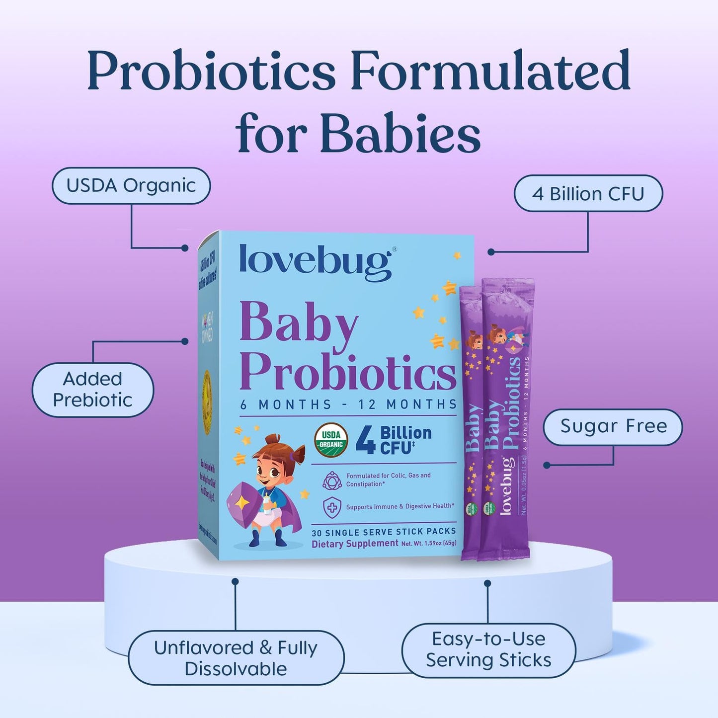 LOVEBUG Award Winning USDA Organic Probiotic for Babies Multi-Strain 4 Billion CFU Powder, 30 Packets