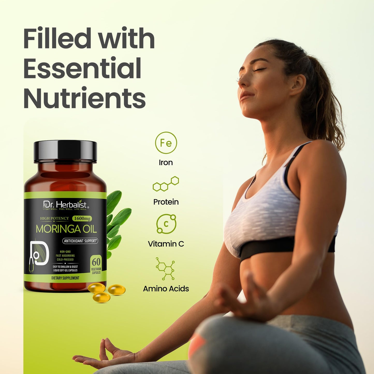 Dr. HERBALIST Moringa Oil Capsule 1600mg, Cold Pressed, Halal, 60 Count