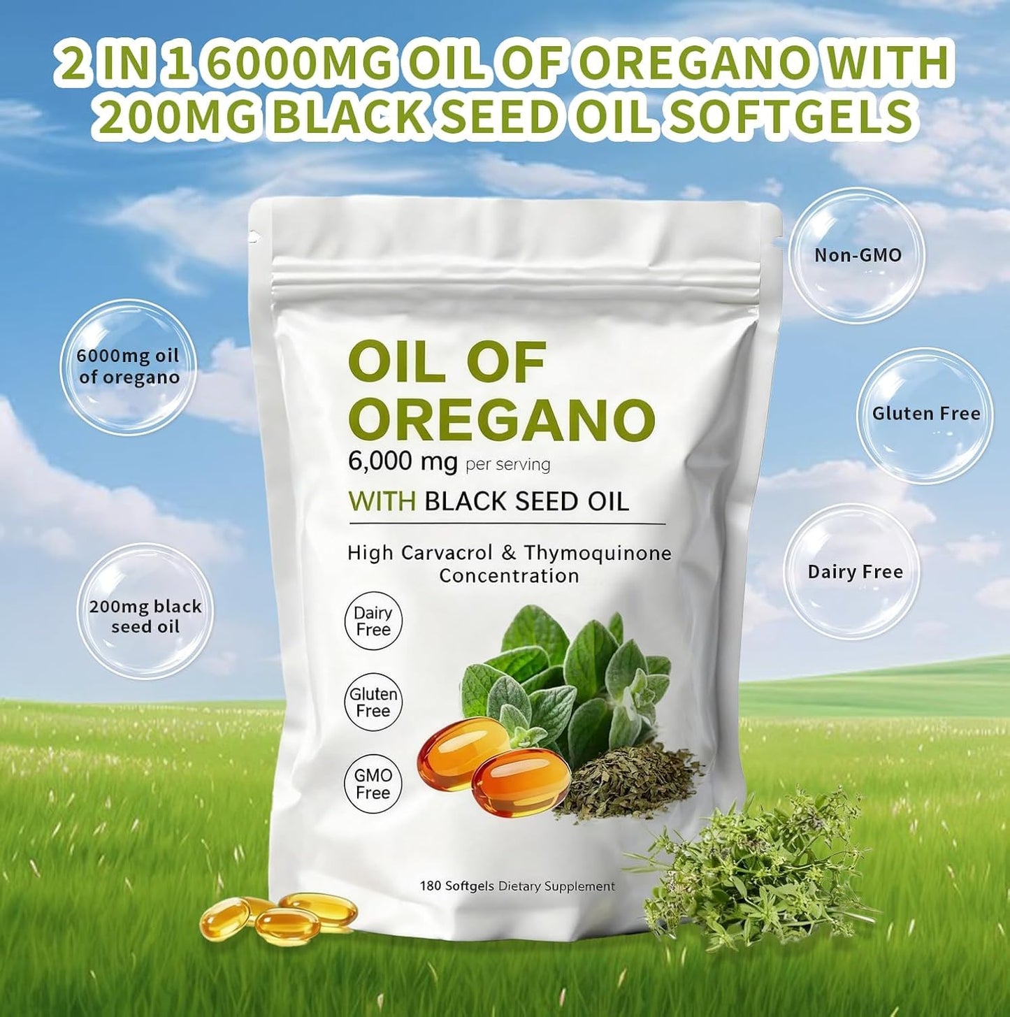 Huuazoi Oregano Oil Softgels Capsule, 180 Count