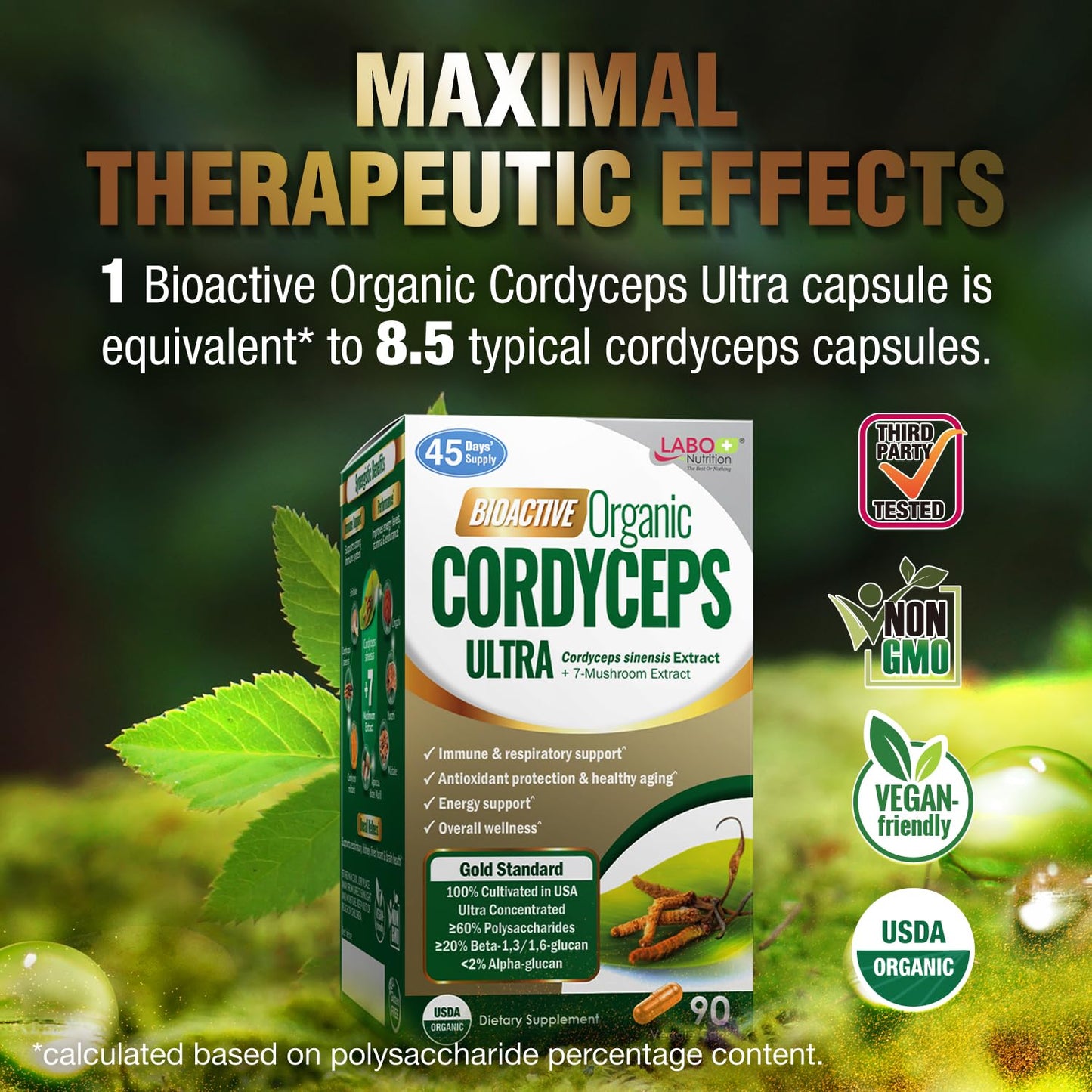 LABO Nutrition Bioactive Organic Cordyceps Ultra – 8 Mushroom Extract Supplement Capsules 90 Count